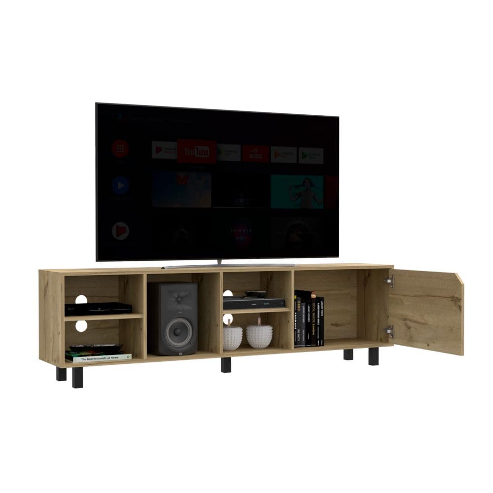 70 Inch TV Stand with 4 Open Shelves - Light Oak Wood Media Console for Living Room, Bedroom & Home Theater
