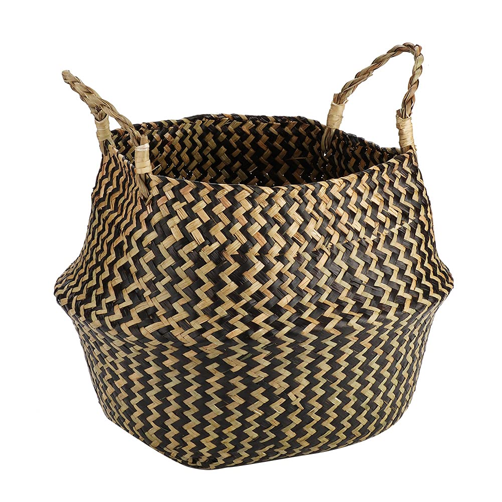 Alvinlite Hand-Woven Foldable Storage Baskets - Eco-Friendly Seagrass & Seaweed Woven Organizer for Clothes, Toys, Blankets & Plant Pots (Black) | Perfect for Home, Nursery & Office Organization