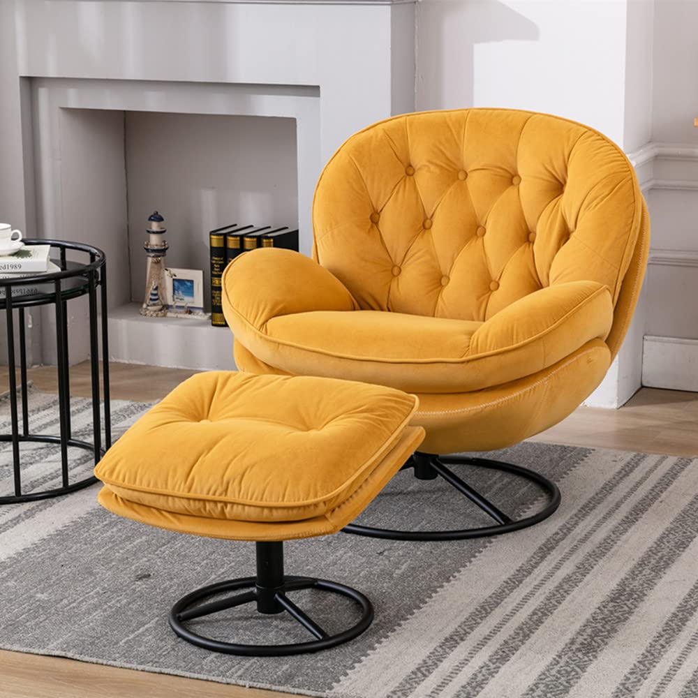 Velvet Swivel Accent Chair with Ottoman Set - 360 Degree Rotating Modern Lounge Chair with Footrest, Comfortable Armchair for Living Room, Bedroom & Office - Yellow Soft Fabric Leisure Sofa for Relaxing & Reading