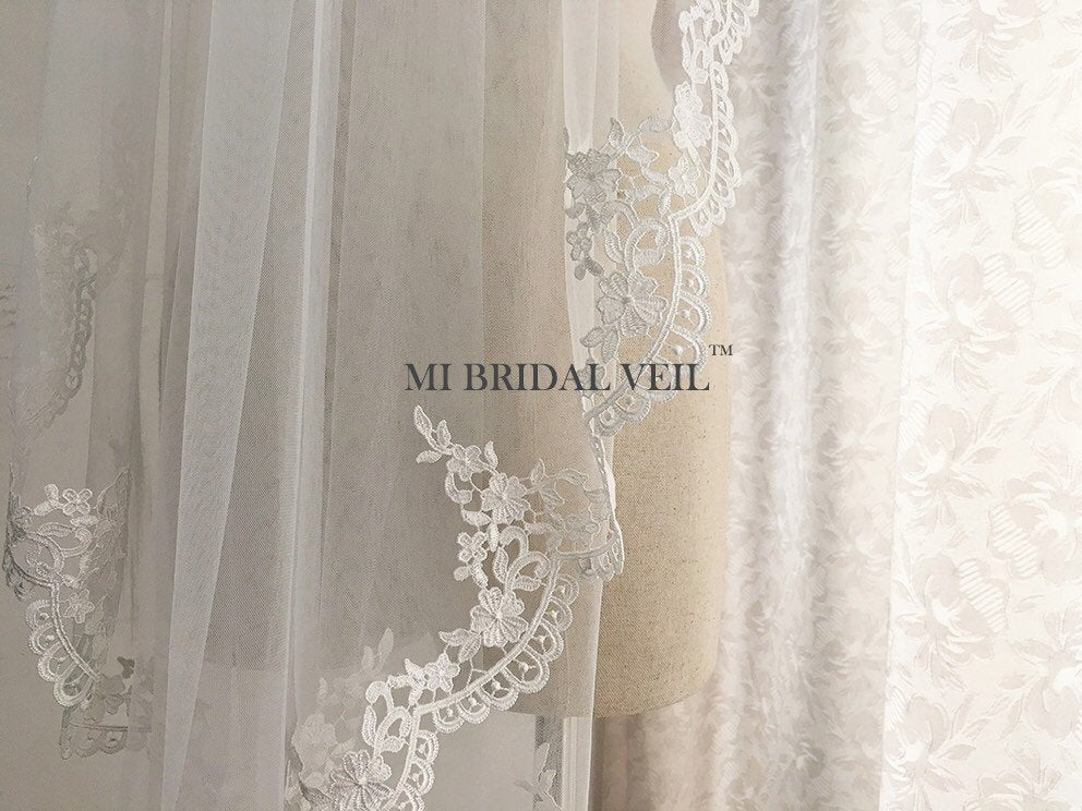 Elegant Venice Crochet Lace Wedding Veil - Ivory/White/Black Fingertip Length Bridal Veil by Mi Bridal | Perfect for Church Ceremonies, Beach Weddings & Vintage-Themed Nuptials