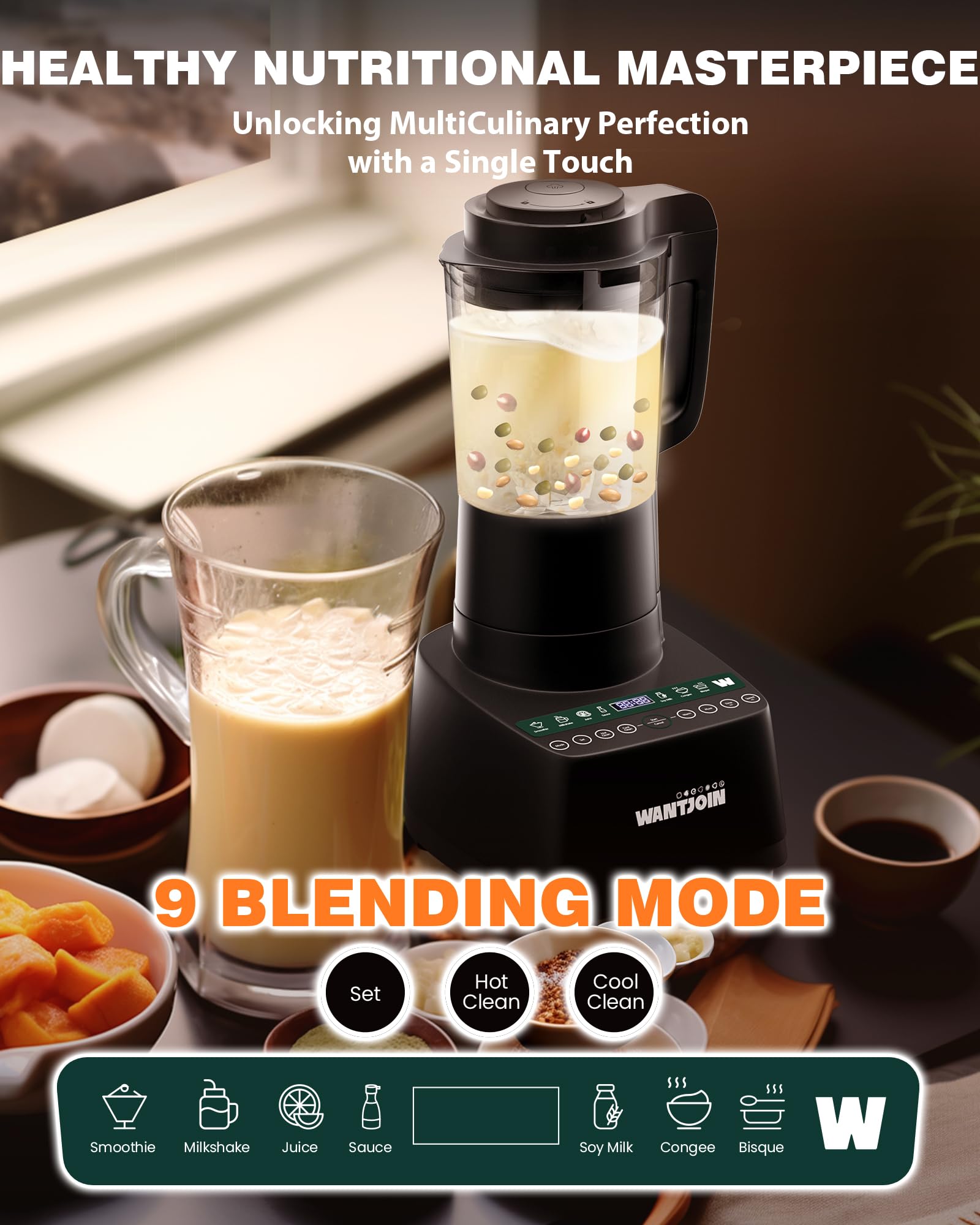 WantJoin 60 Oz Hot & Cold Countertop Blender - 24000RPM High-Speed Blender with 9 One-Touch Programs, Soy Milk Maker for Nut Butters, Soups, Shakes & Smoothies - 12H Delay Cook Function - Perfect for Kitchen, Restaurant & Healthy Lifestyle