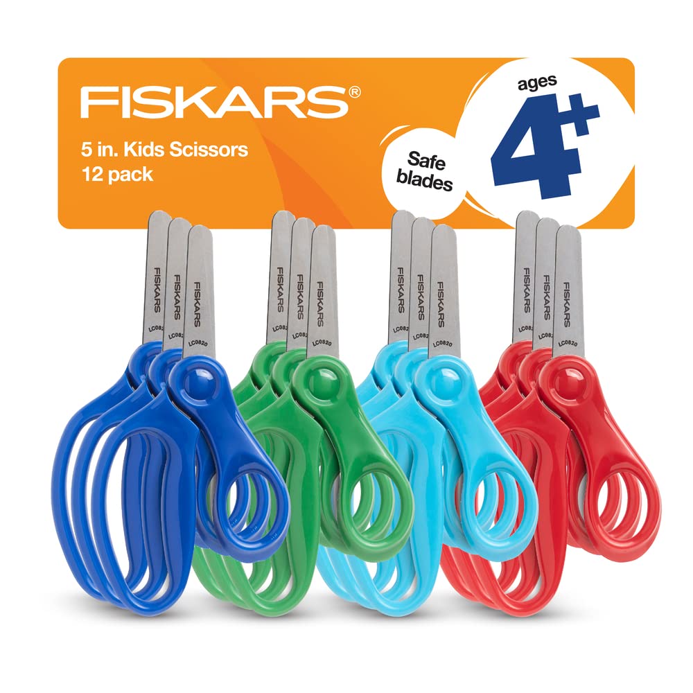 Fiskars 5-Inch Blunt-Tip Safety Scissors for Kids Ages 4-7 (12-Pack) - Classpack for Classroom, School & Crafting - Assorted Colors - Perfect for Arts & Crafts Projects, Back to School Supplies & Homeschooling