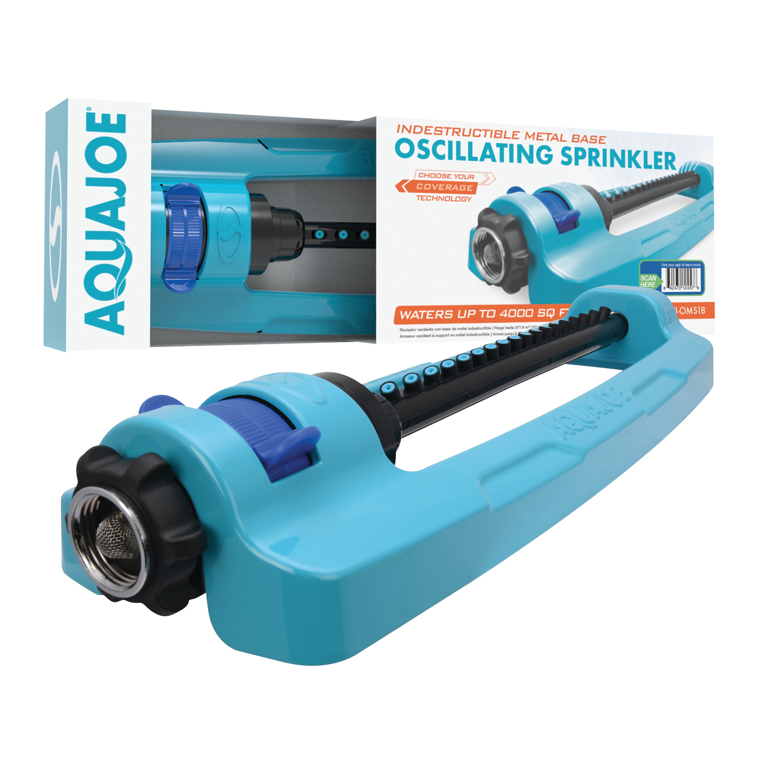 Aqua Joe SJI OMS18 Heavy Duty Metal Base Oscillating Sprinkler - Adjustable Spray Pattern, 4000 sq ft Coverage for Large Lawns & Gardens | Perfect for Watering Grass, Flower Beds & Landscaping Areas