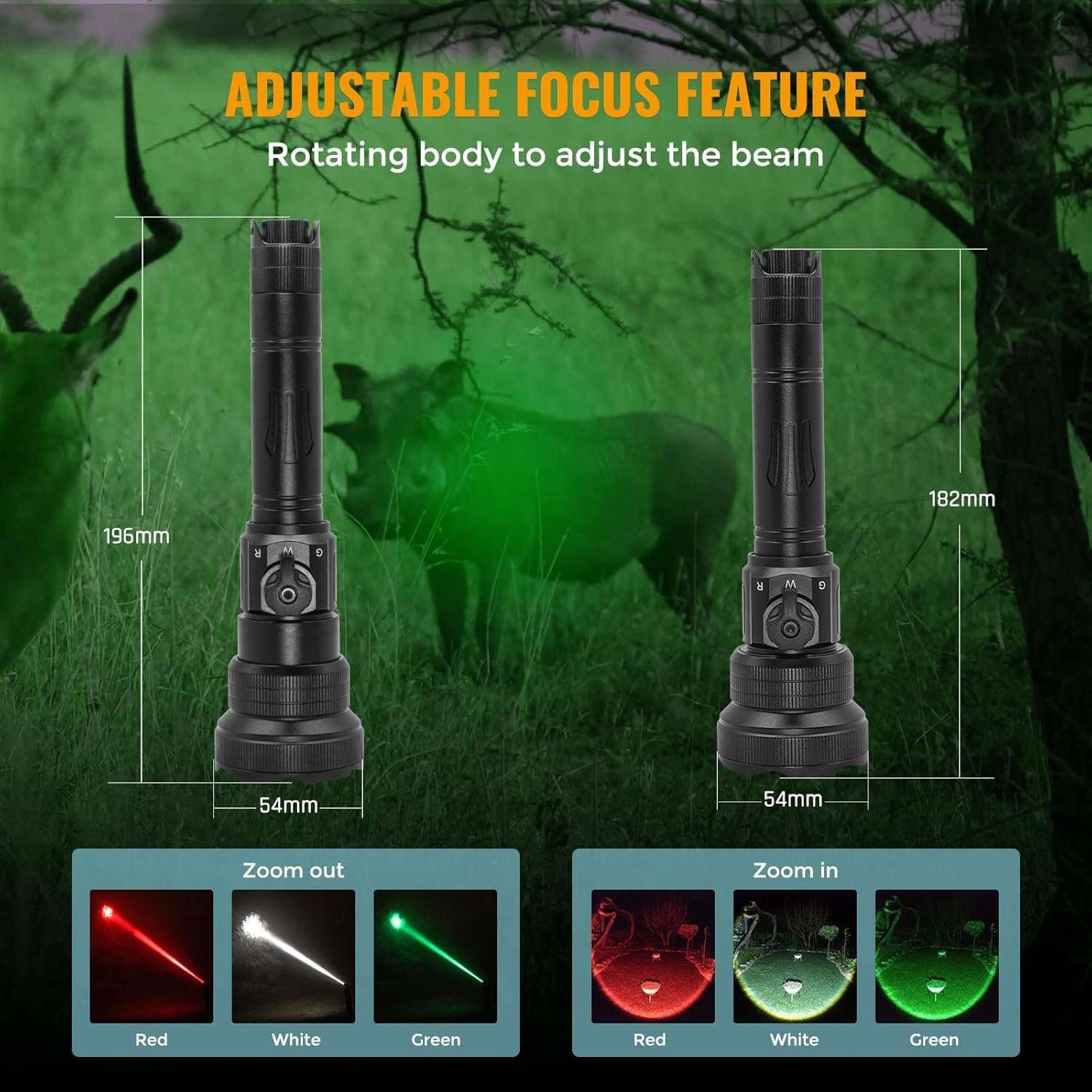 Brinyte T28 LED Zoomable Hunting Flashlight - 3 in 1 Color (Red, Green, White) with Pressure Switch Mount, IPX6 Waterproof for Hog, Coon & Coyote Hunting - Perfect for Night Hunting, Camping and Outdoor Adventures