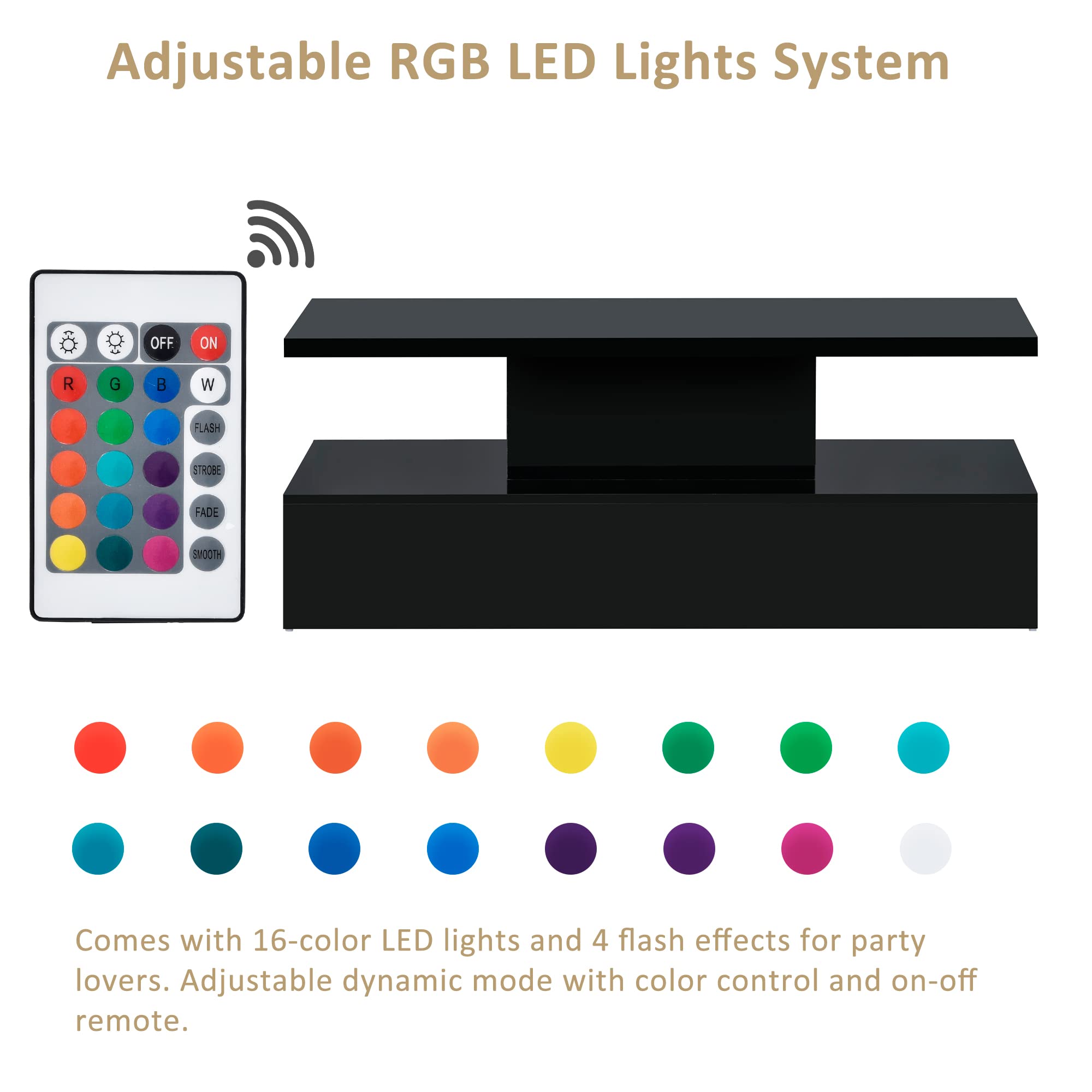 Modern LED Coffee Table - High Gloss Black Wood Cocktail Center Table with 16-Color RGB Lighting & Remote Control - Stylish Rectangle Living Room Furniture for Bedroom, Lounge & Entertainment Spaces
