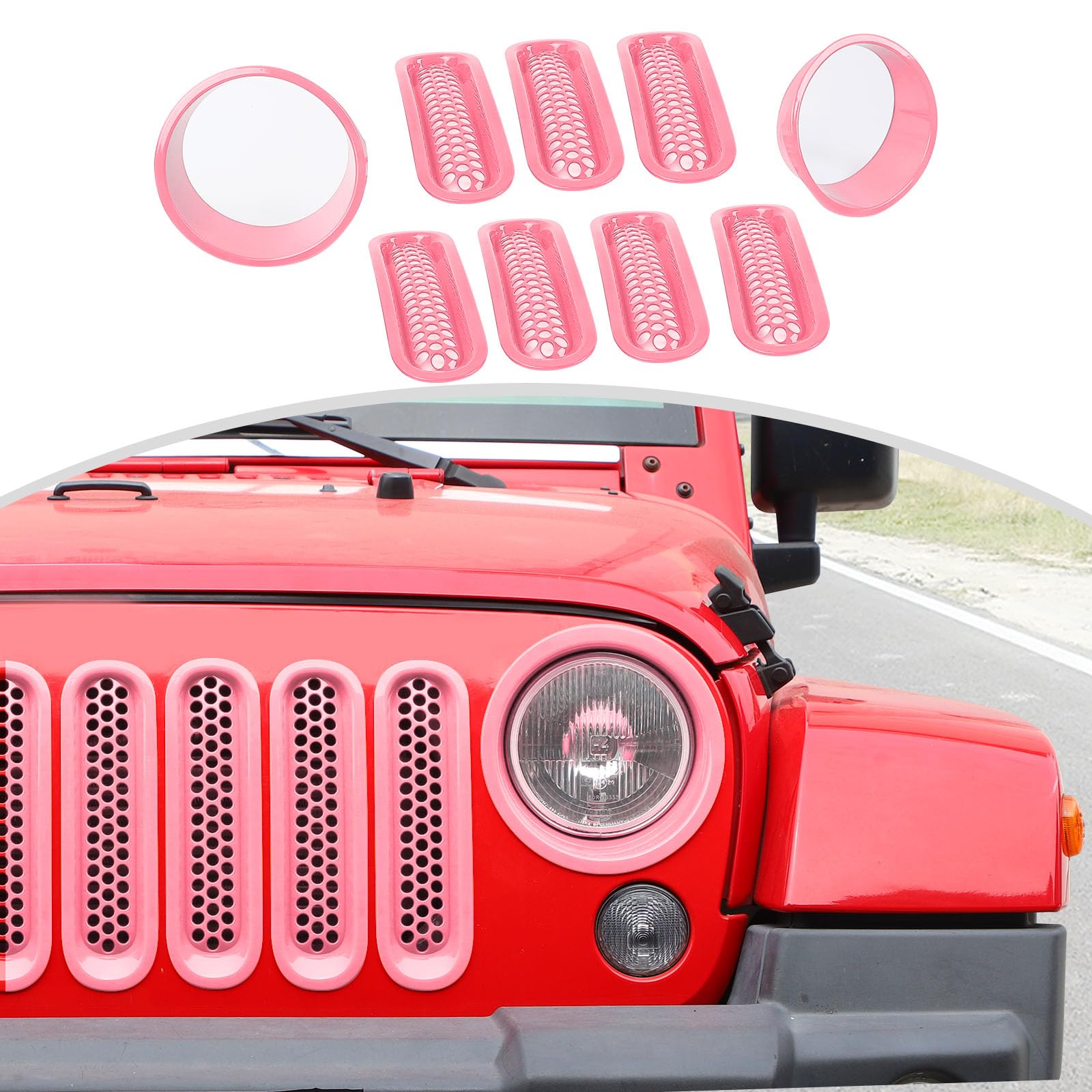 CheroCar Pink Mesh Grille Insert & Headlight Cover Trim for Jeep Wrangler JK (2007-2017) | Exterior Accessories | Off-Road Style Upgrade & Custom Look