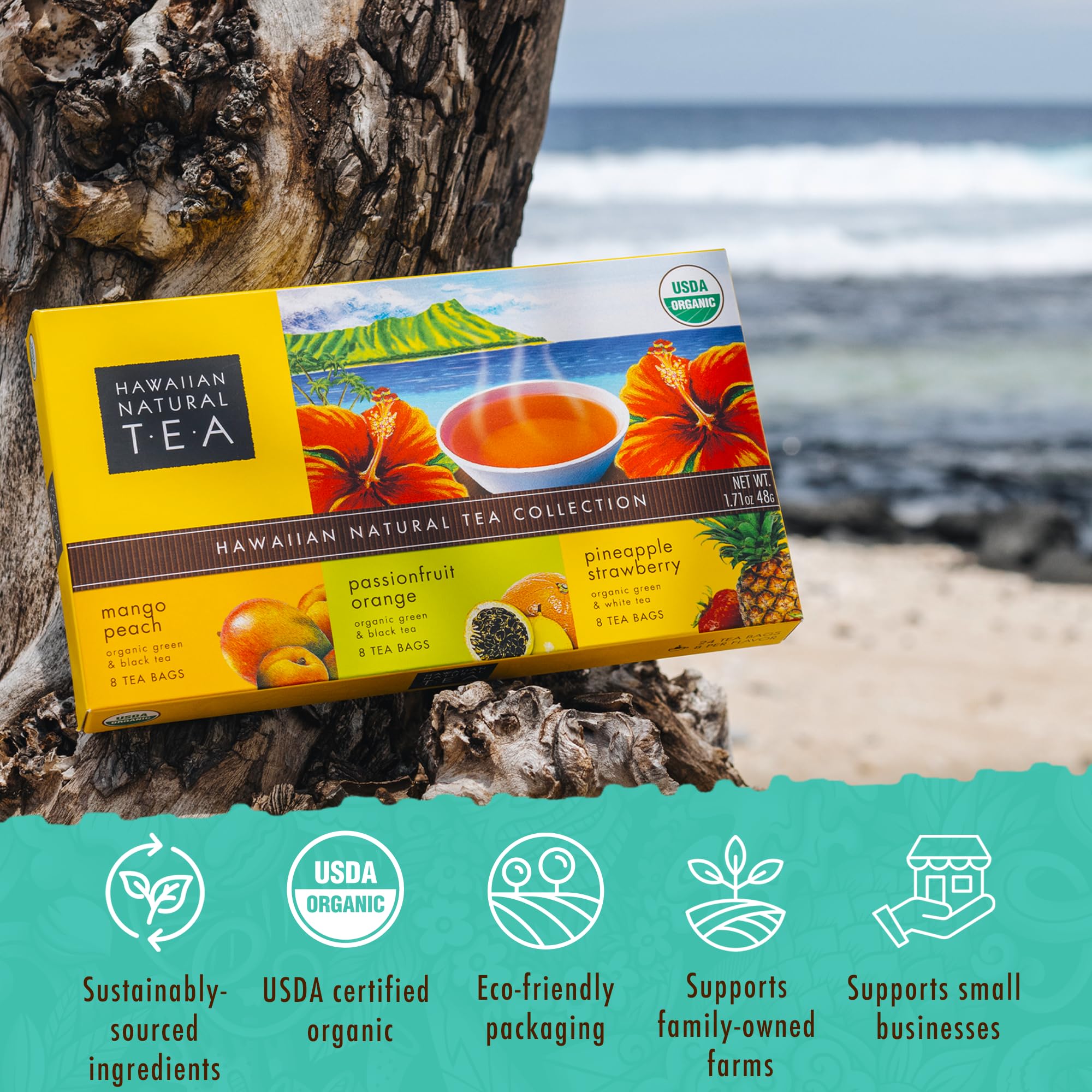 Organic Hawaiian Tropical Fruit Tea Sampler - Green, Black & White Tea Blends - 24 Tea Bags Gift Box for Tea Lovers - Perfect for Relaxation, Gifts & Afternoon Tea Time