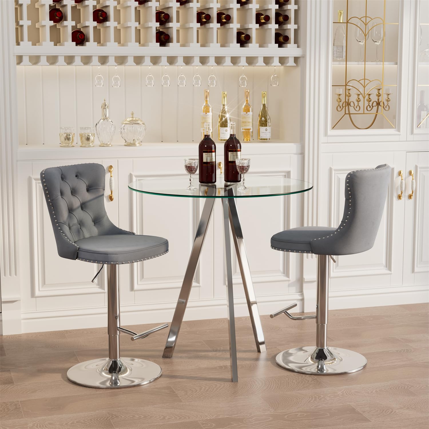 Modern Round Glass High Top Bar Table with Chrome Metal Legs - Clear Top & Silver Base - Perfect for Home Bar, Kitchen Island, Dining Room, and Pub Style Entertaining