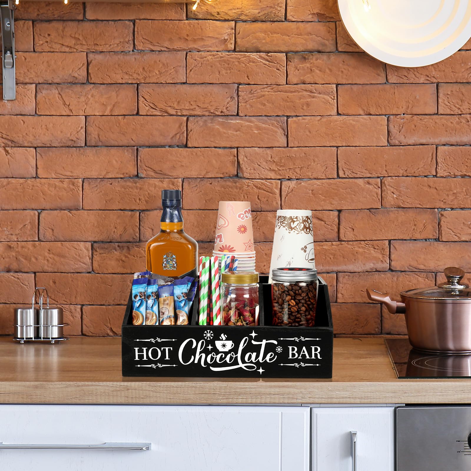 Barydat Christmas Hot Cocoa Bar Organizer - 4 Compartment Wooden Coffee Station Countertop Holder for Kitchen, Holiday Party & Home Decor - Perfect for Xmas Gifts, Hot Chocolate Serving & Coffee Bar Organization (Black)