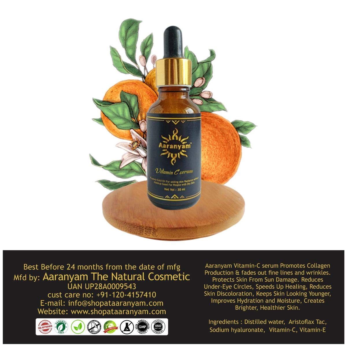 Aaranyam Vitamin C Face Serum with 7.5% Vitamin C - Brightening & Whitening Moisturizer for Even Skin Tone - 30ml - For Women & Men - Perfect for Daily Skincare Routine & Dark Spot Reduction