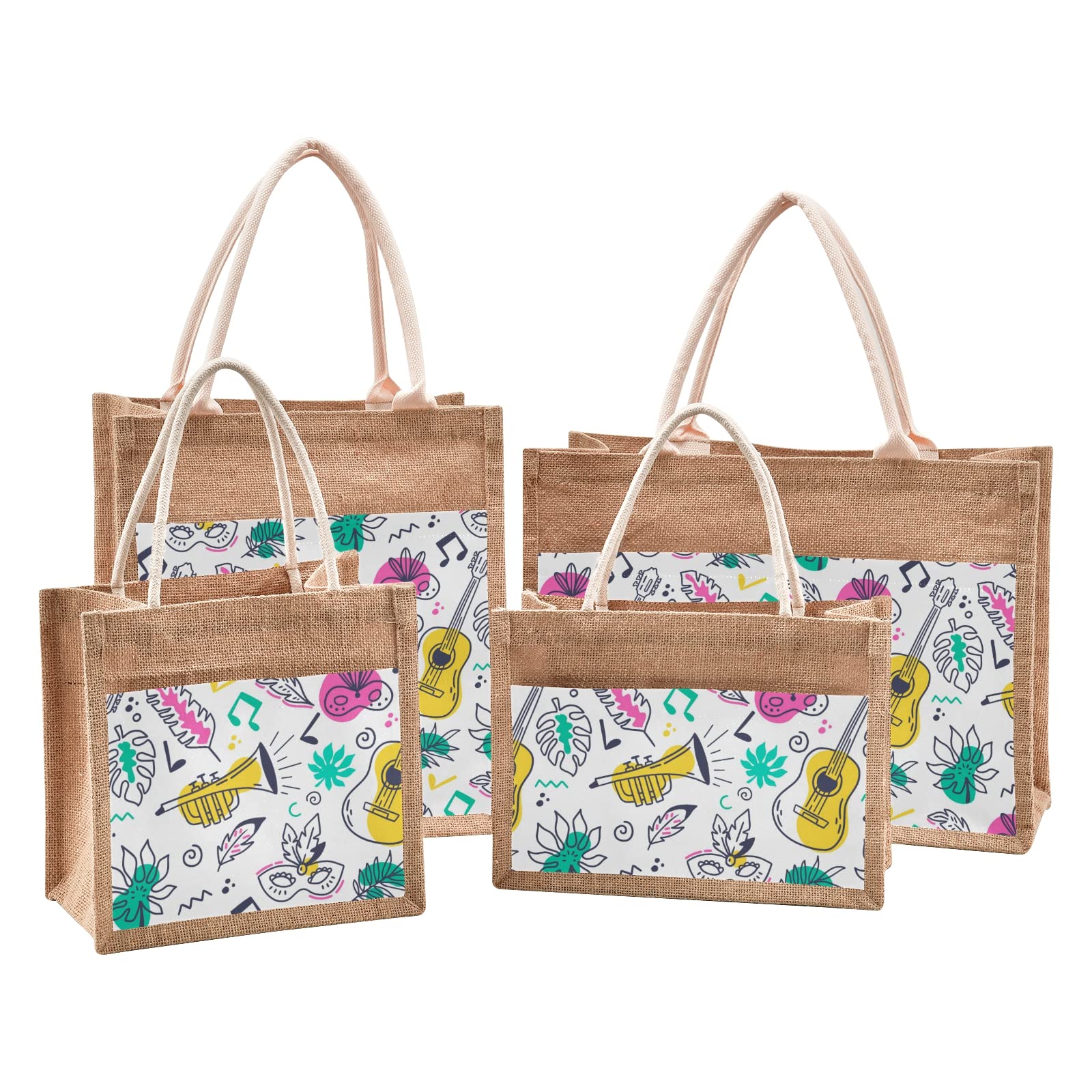 Eco-Friendly Jute Tote Bag with Carnival Guitar & Trumpet Print - 4 Sizes Reusable Grocery & Beach Tote with Sturdy Handles - Perfect for Shopping, Picnics & Farmers Markets