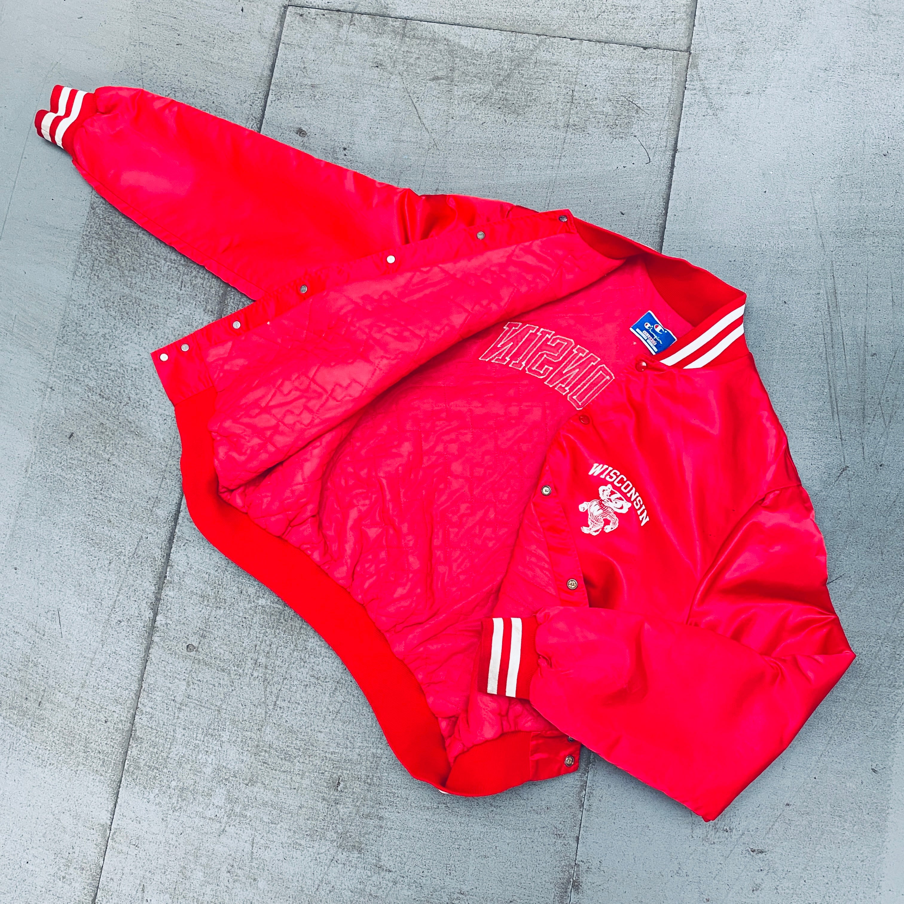 1990s Wisconsin Badgers Champion Satin Stitched Reverse Spellout Bomber Jacket - XL/XXL - Vintage College Football Apparel for Fans & Collectors