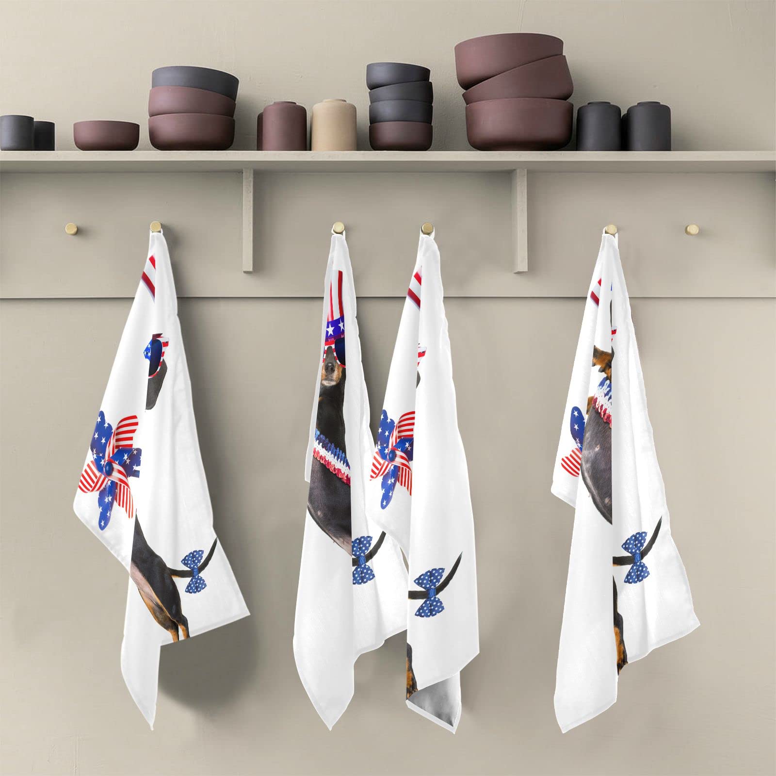 American Flag Patriotic Dachshund Sausage Dog Kitchen Towels - Set of 6 Absorbent 18x28in Dish Cloths for Drying Dishes | Cute Kitchen Decor for Home, RV & Cabin