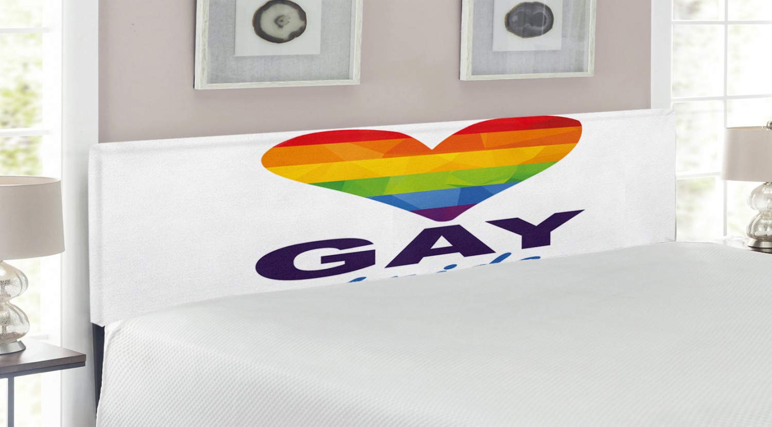 Ambesonne Pride Headboard - Polygonal Gay Rainbow Heart Design with LGBT Love Romance Culture Community Inscription, Upholstered Decorative Metal Bed Frame with Memory Foam - King Size Multicolor Headboard for LGBTQ+ Bedroom Decor & Pride Themed Home Furnishing