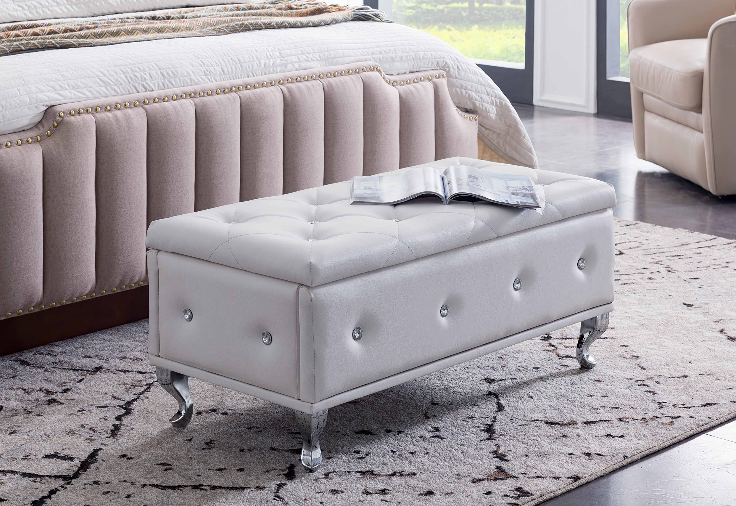 KB Designs Upholstered Storage Bench Ottoman - White Faux Leather Storage Seat with Lift Top | Perfect for Bedroom, Living Room & Entryway Organization