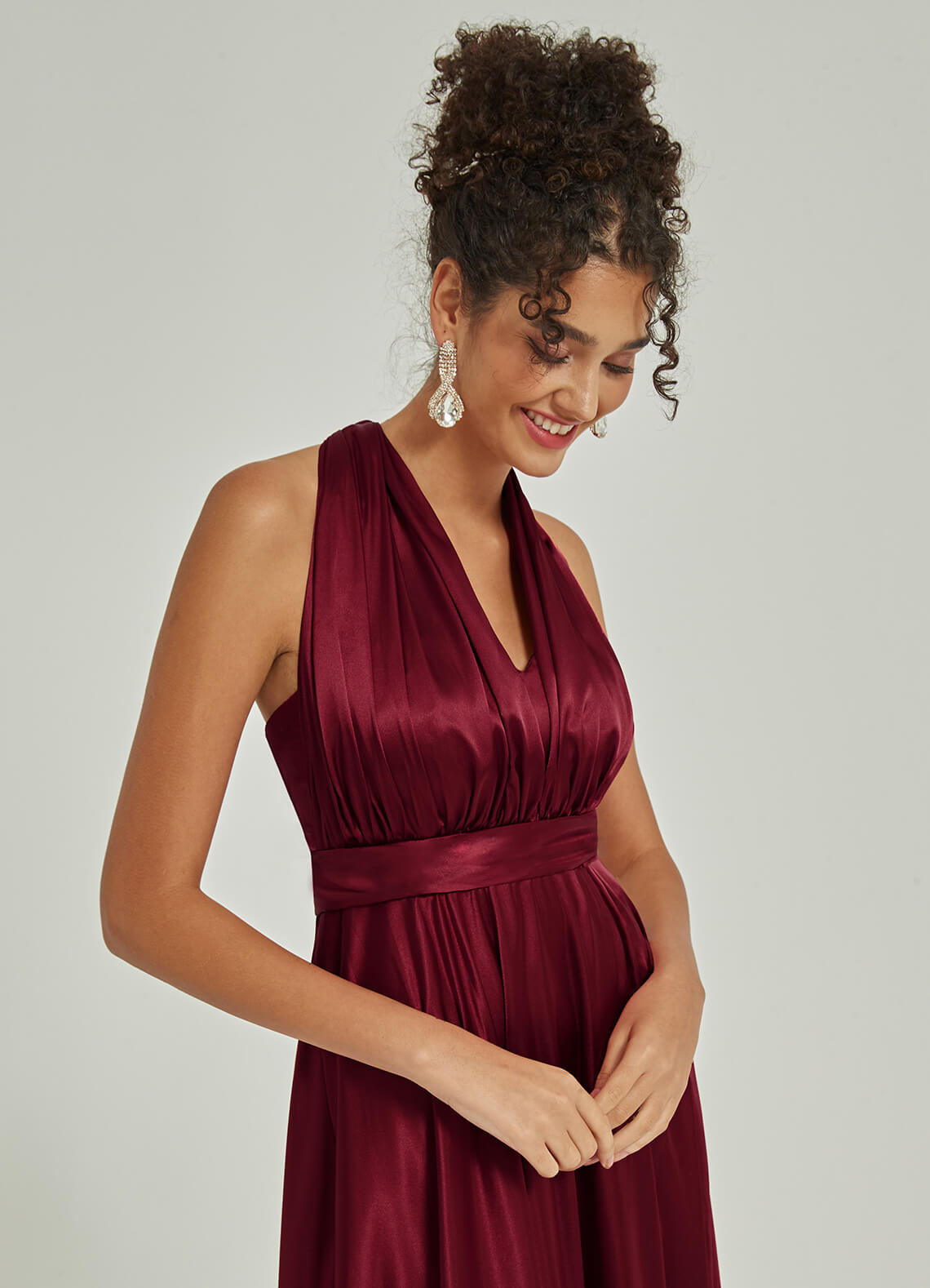 Burgundy Satin Convertible Bridesmaid Dress - Multi-Way Wrap A-Line Gown for Weddings, Parties & Formal Events