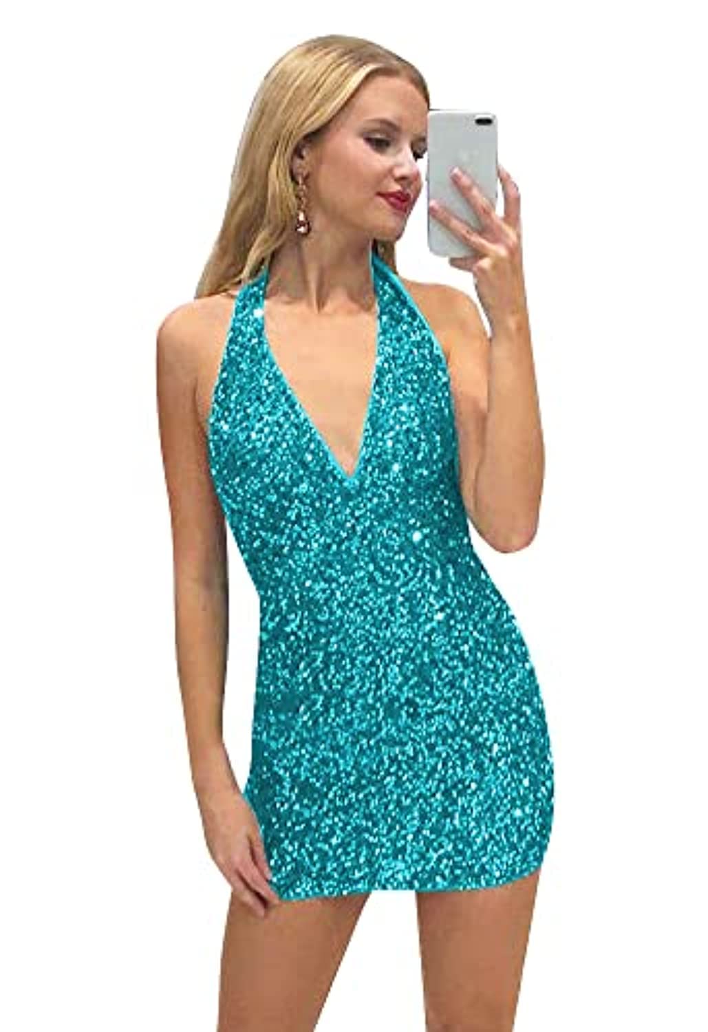 Elegant Meicuhap Halter Mermaid V-Neck Sequin Prom Dress | Short Homecoming Party Gown for Women | Perfect for Prom Night, Homecoming Dance, Cocktail Parties & Special Occasions