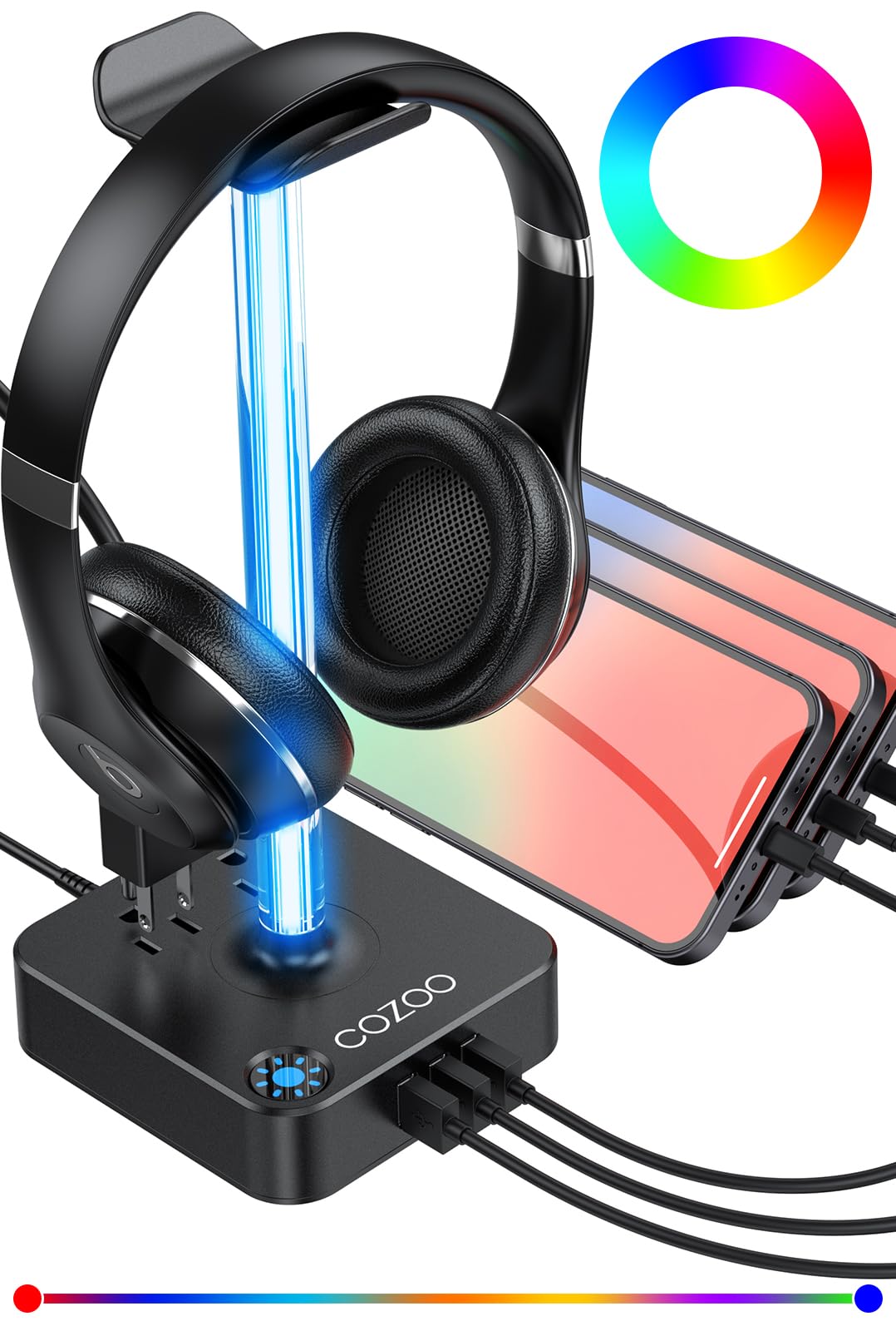 RGB Gaming Headphone Stand with USB Charger & 2 Outlets - COZOO Desktop Headset Holder for Wireless Earphones, DJ Equipment & PC Gaming Setup - Perfect for Gaming Room, Office Desk & Gamer Gift Ideas