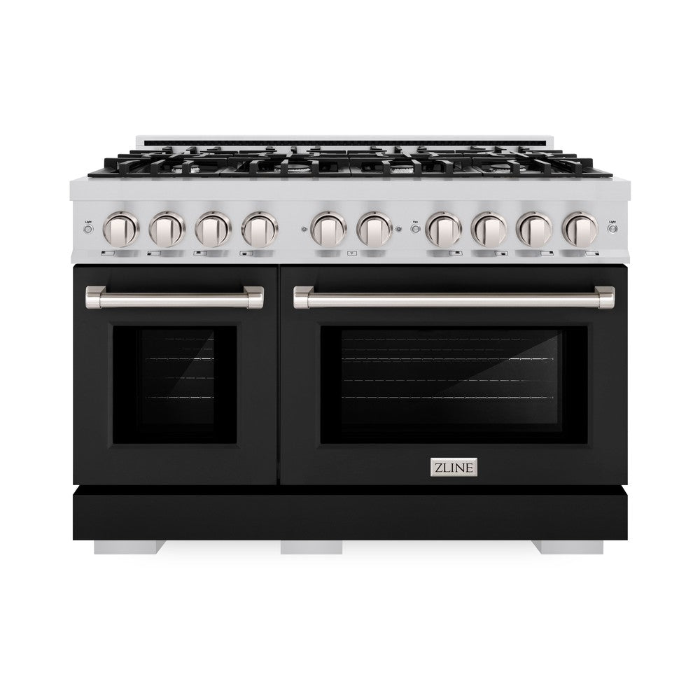 ZLINE 48 Inch 6.7 Cu. Ft. Professional Double Oven Gas Range with 8 Burner Cooktop - Stainless Steel with Black Matte Doors (HGR BLM 48) - Perfect for Large Family Kitchens & Gourmet Cooking