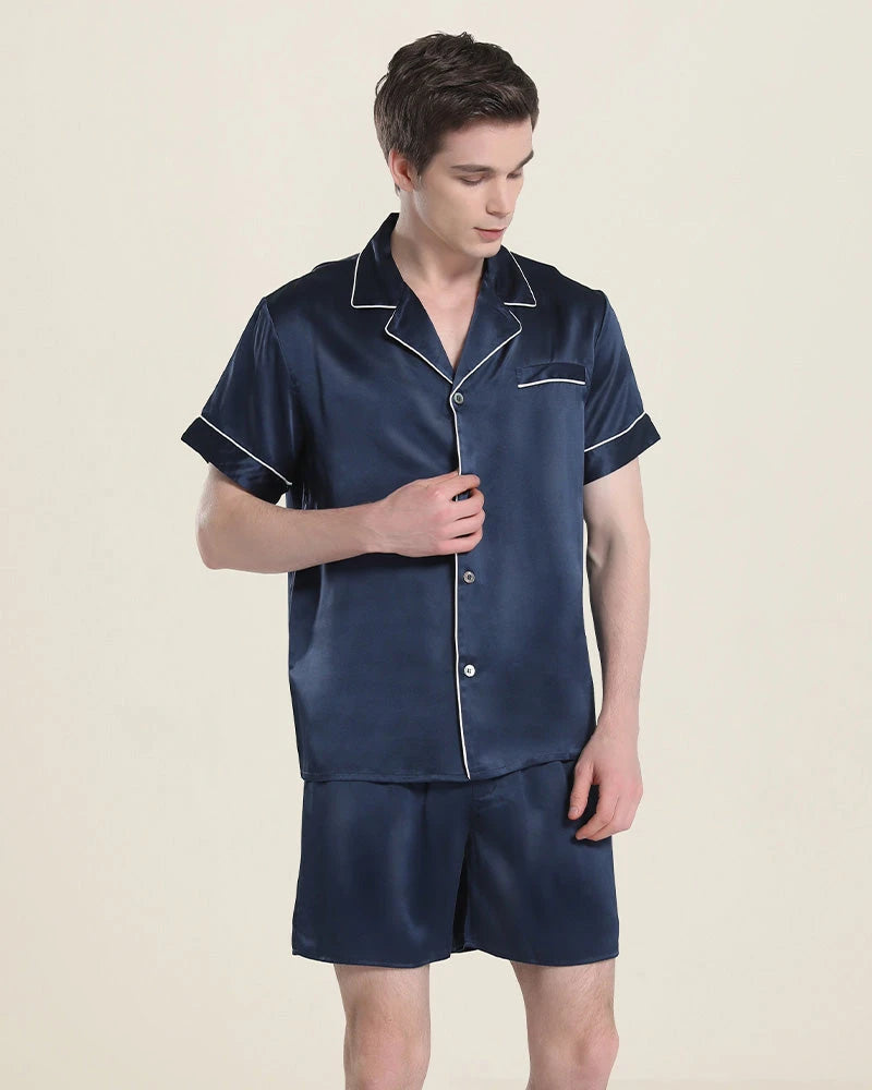 Men's Casual Silk Short Pajama Set - Soft & Breathable Sleepwear for Summer Nights - Perfect for Lounging, Travel & Home Relaxation