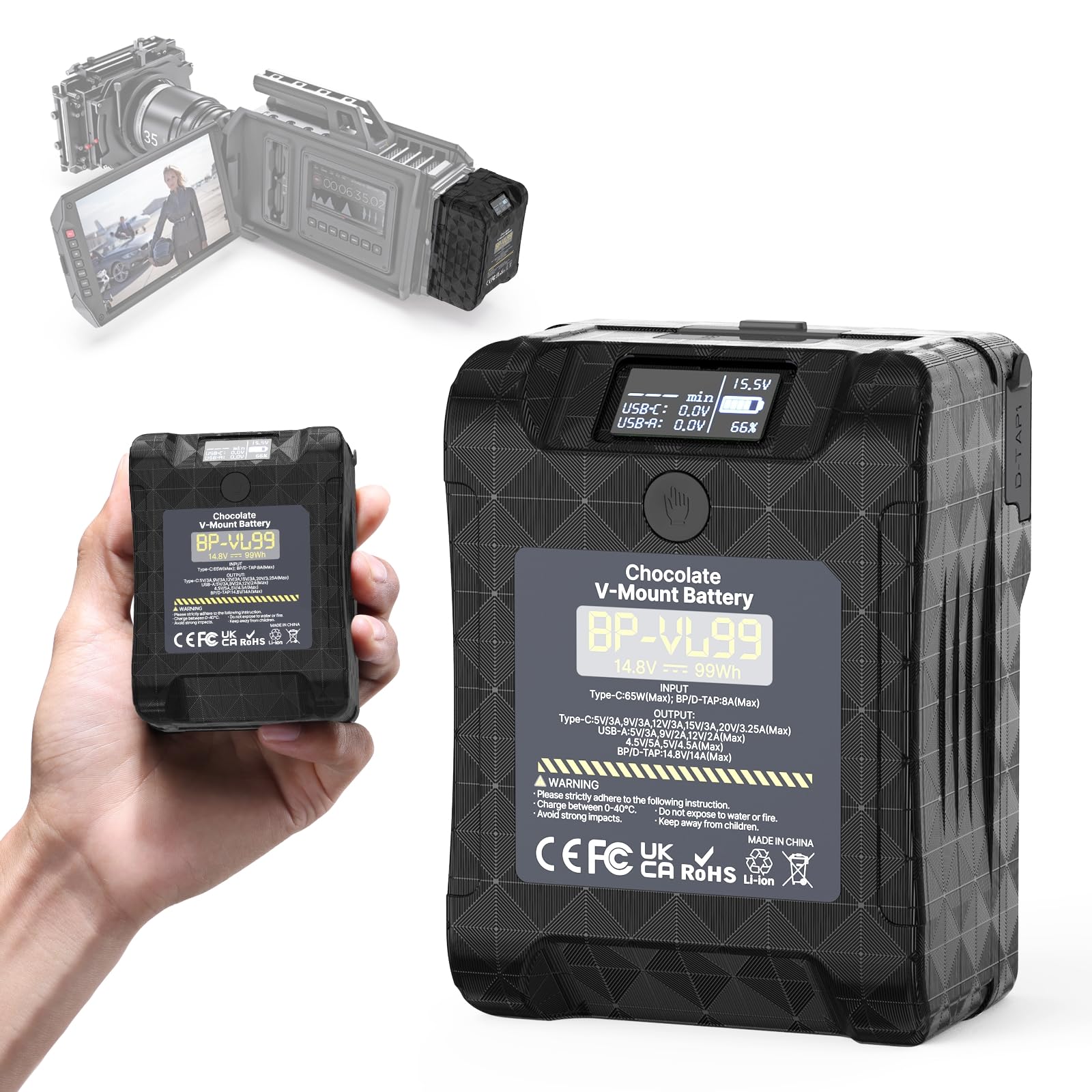 Ulanzi VL99 6700mAh 99Wh 14.8V Mini V-Lock Battery with 65W PD USB-C Fast Charger, 2x D-TAP, USB-A & DC Port - Compatible with Sony Cameras, Camcorders, Monitors - Perfect for Video Broadcasting, Film Production & On-Set Power Supply