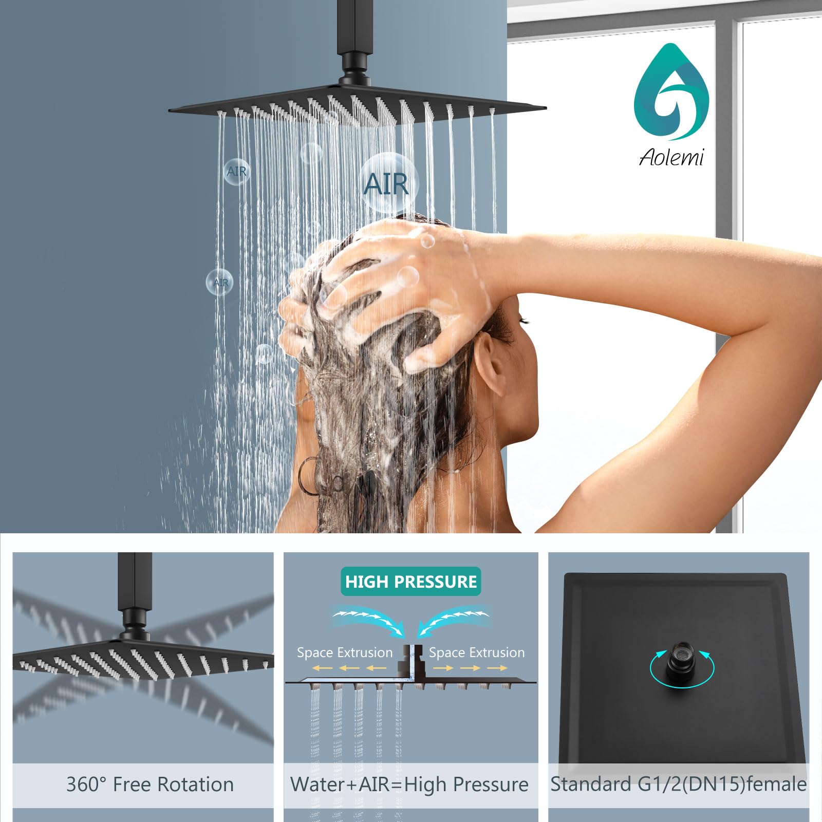 Aolemi Matte Black Ceiling Mount Shower System - 12 Inch Rainfall Shower Head & High Pressure Handheld Spray Combo with 2-in-1 Rough-in Valve | Perfect for Spa-Like Bathroom Experience & Modern Home Renovation