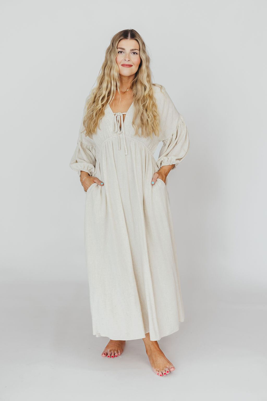 Hunter Linen Blend Midi Dress in Greige - Bump Friendly Maternity Dress with Inclusive Sizing | Perfect for Pregnancy, Nursing, and Everyday Comfort Wear