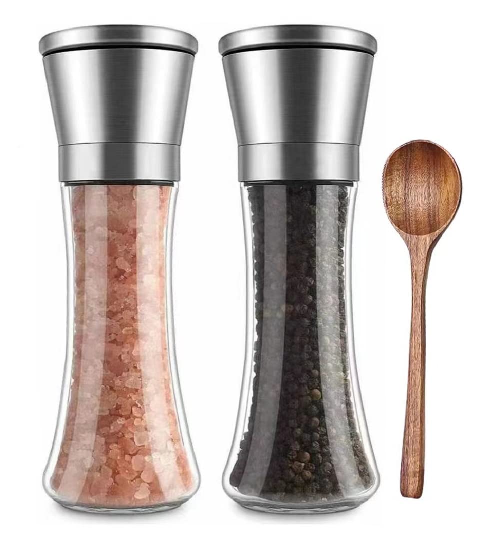 Premium 6OZ Stainless Steel Salt and Pepper Grinder Set - Adjustable Coarseness & Refillable Spice Mill with Sharp Ceramic Blades - Professional Chef Kitchen Tools with Free Wooden Spoon - Perfect for Cooking, Baking & Tabletop Seasoning