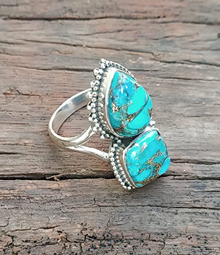 Blue Copper Turquoise & Black Onyx 925 Sterling Silver Two Stone Ring – Boho Style Wedding Jewelry, Genuine Gemstone Statement Ring for Women | Perfect for Engagement, Promise Gifts & Boho Fashion Accessories