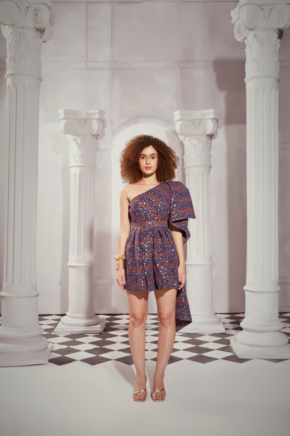 Overtine Greek Art Print One Shoulder Bow Dress - Elegant Summer Beach Party & Wedding Guest Outfit