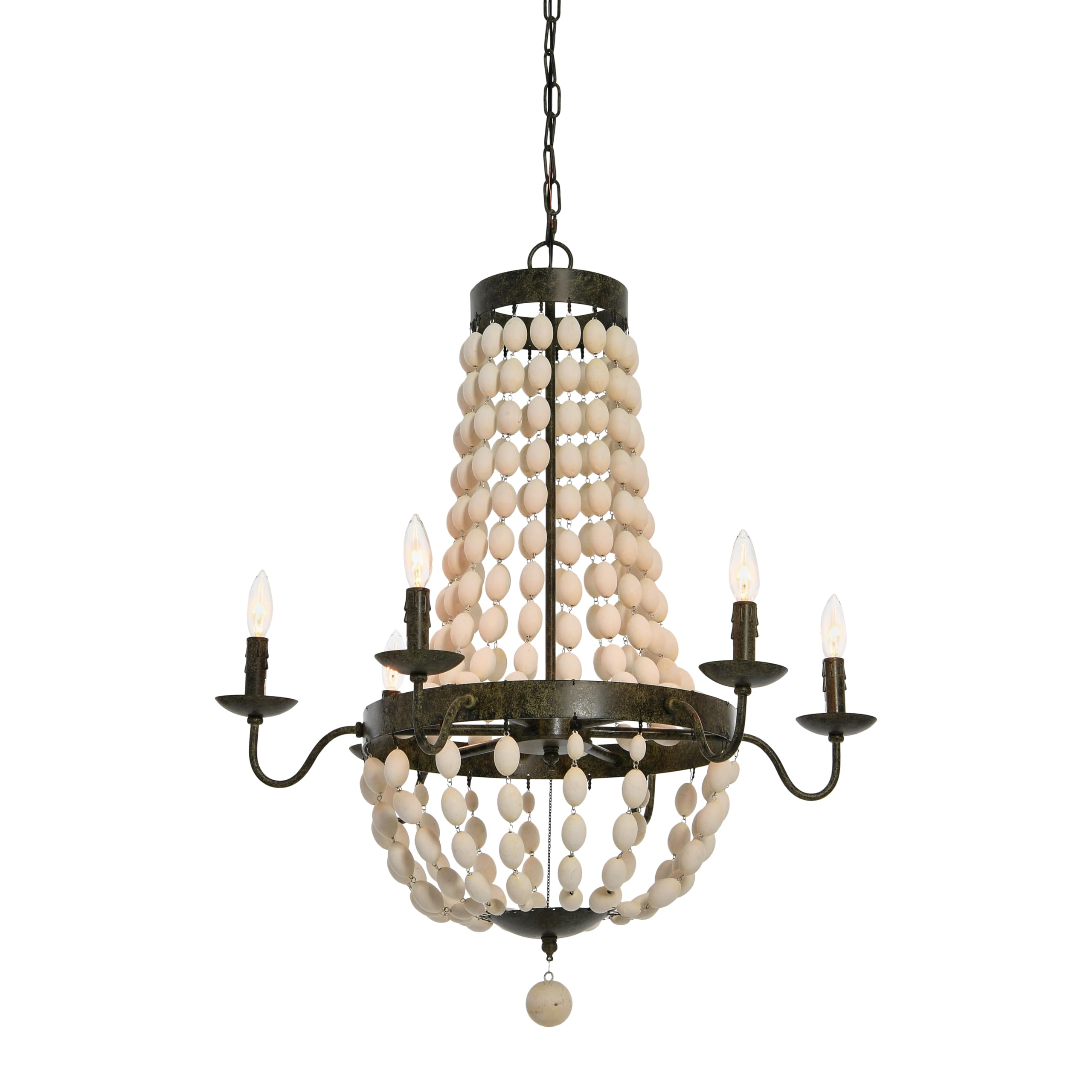 Stylish 6-Light Wood Bead Metal Chandelier - Rustic Farmhouse Ceiling Light Fixture for Dining Room, Bedroom & Living Room Decor