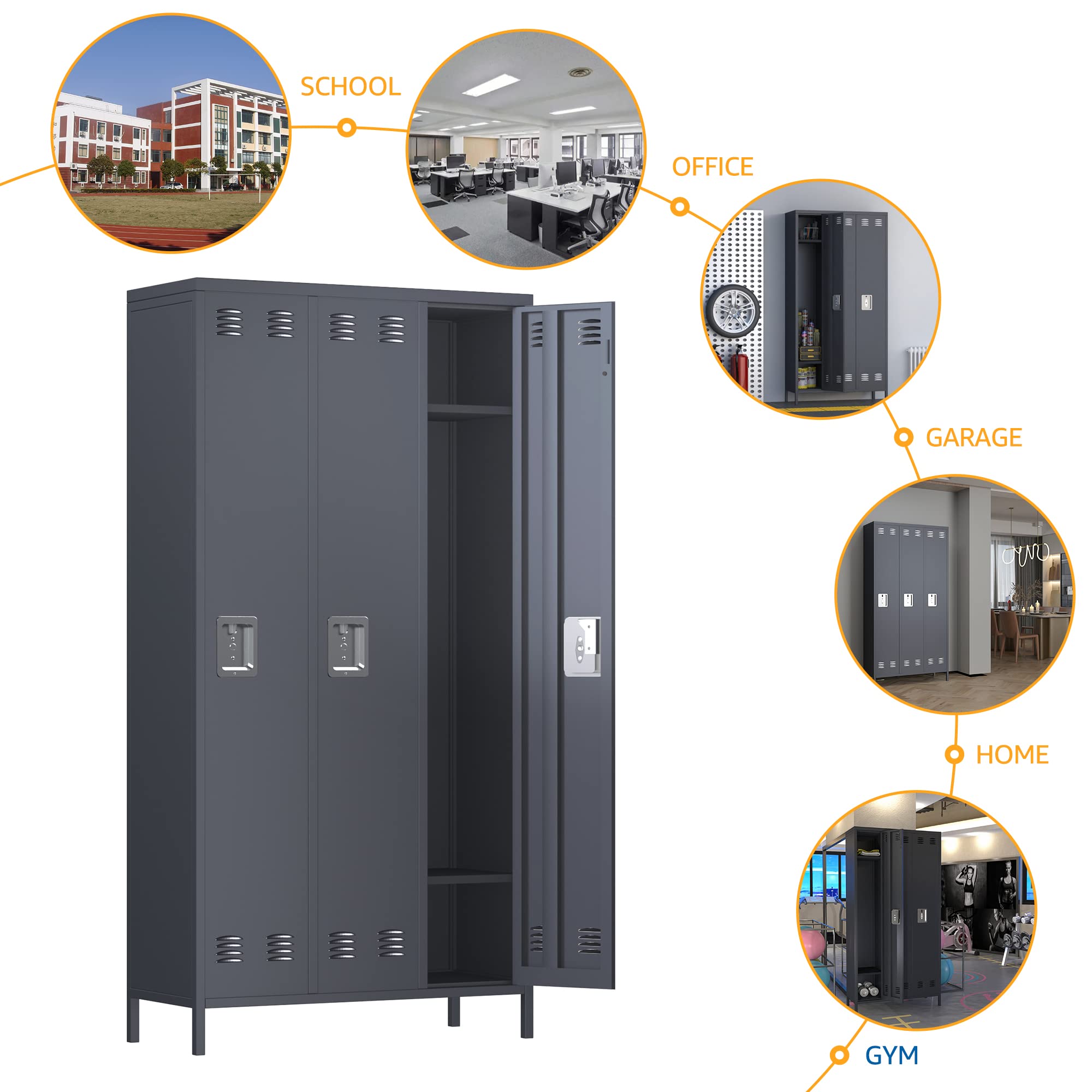 3-Door Metal Lockers for Employees - Heavy Duty Steel Storage with 9 Hooks - Perfect for Offices, Schools, Gyms & Home Use - Easy Assembly Required - Dark Gray Finish - Ideal for Secure Personal Belongings Storage