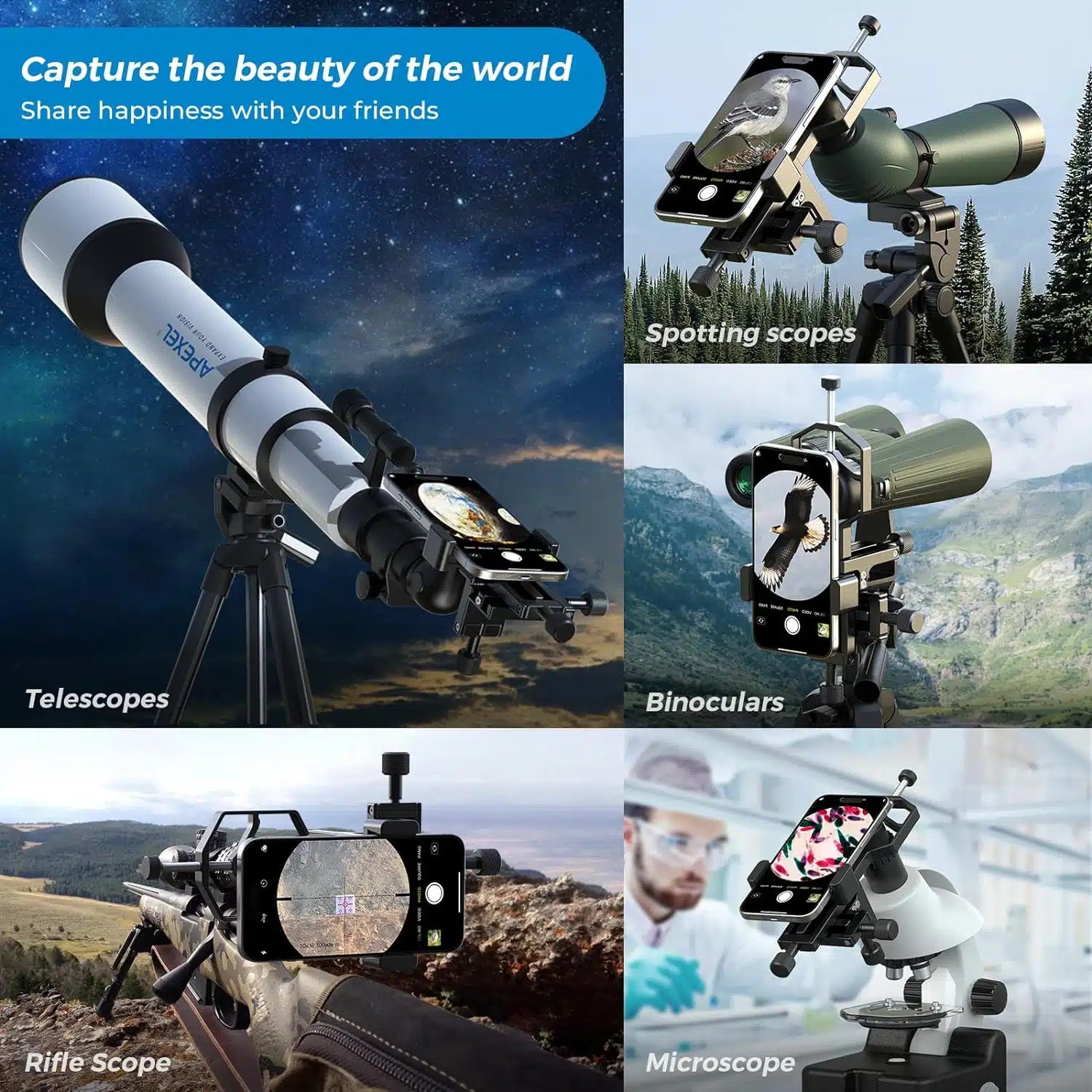 Apexel 3-Axis Smartphone Adapter 20-60mm APL-F003 - Universal Phone Mount for Spotting Scopes, Telescopes, Binoculars & Microscopes - Perfect for Bird Watching, Stargazing & Nature Photography