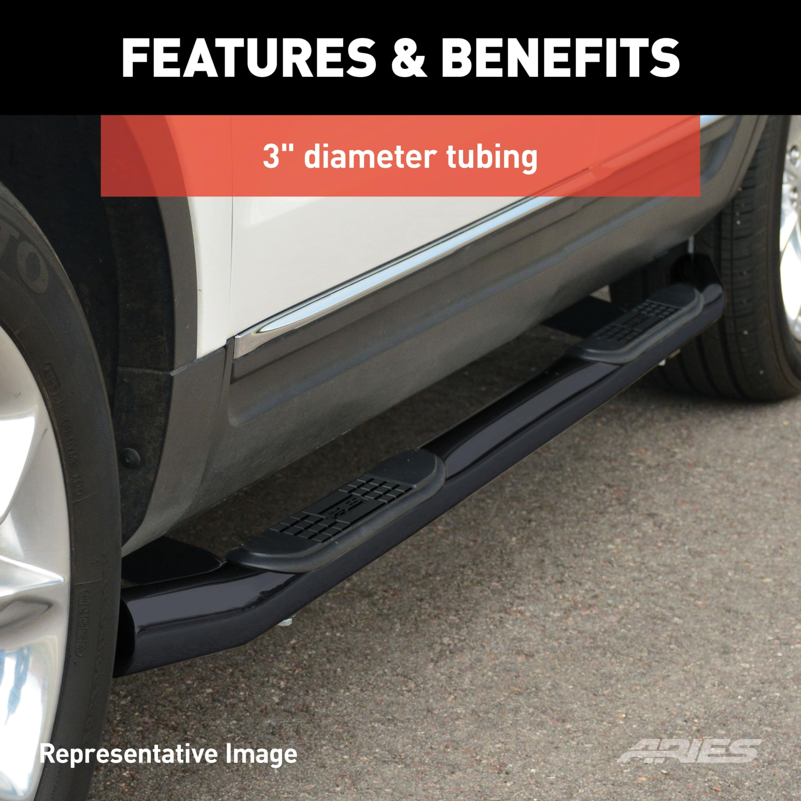 ARIES 205008 3-Inch Round Black Steel Nerf Bars - No-Drill Installation for Dodge Ram 1500/2500/3500 Trucks | Off-Road Protection & Stylish Step Access