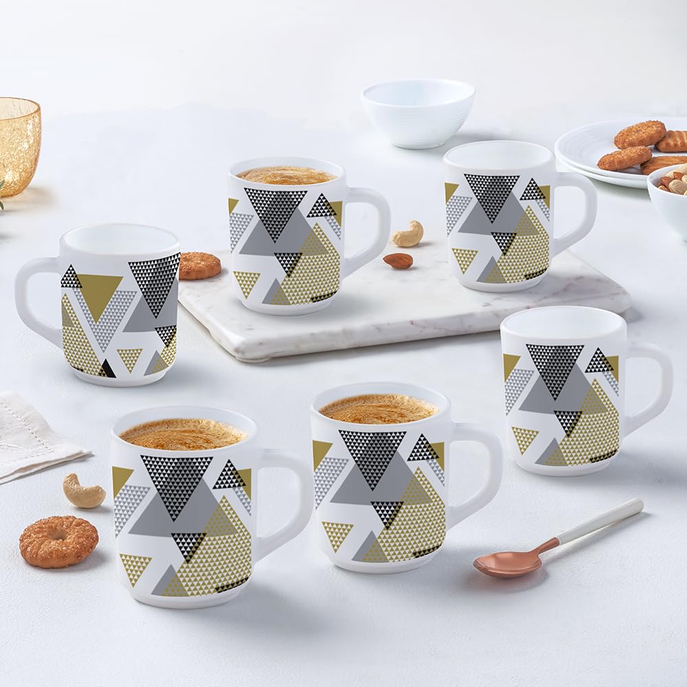 Borosil Nivaah Opalware Tea & Coffee Mugs Set of 6 (240ml Each) - Microwave & Dishwasher Safe, Bone-Ash Free - Ideal for Home, Office, Gifts & Daily Use - Elegant White Crockery Set
