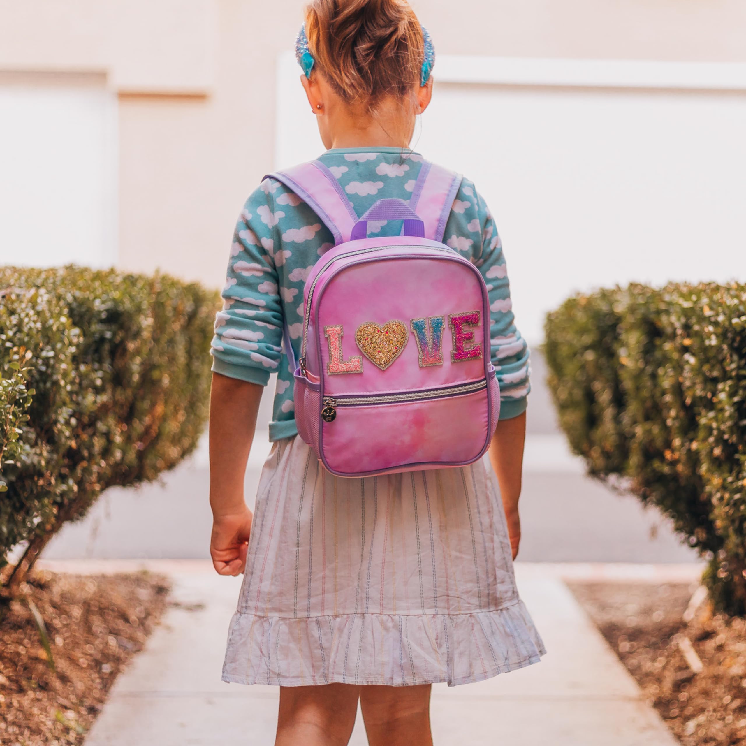 FROG SAC Mini Toddler Backpack for Girls - Pink Tie Dye Glitter Preschool Backpack, Small Daycare Bookbag for Little Girls - Perfect for School, Travel & Daily Use (LOVE - Tie Dye)