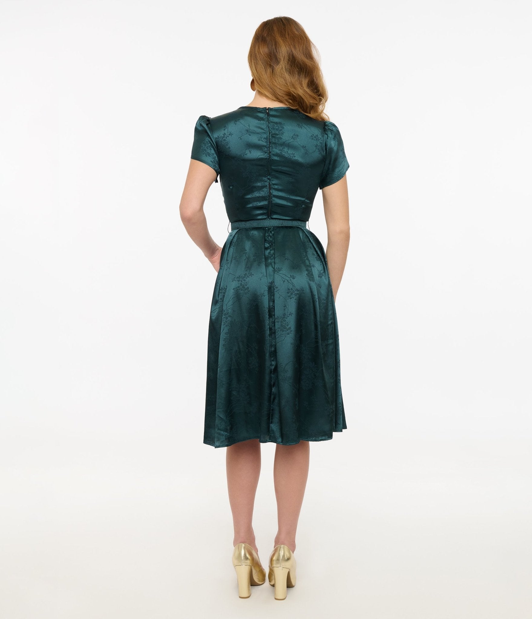 Vintage 1940s Teal Floral Print Dahlia Swing Dress - Retro Tea Party & Swing Dance Outfit - Women's Classic 1940s Style Dress for Special Occasions