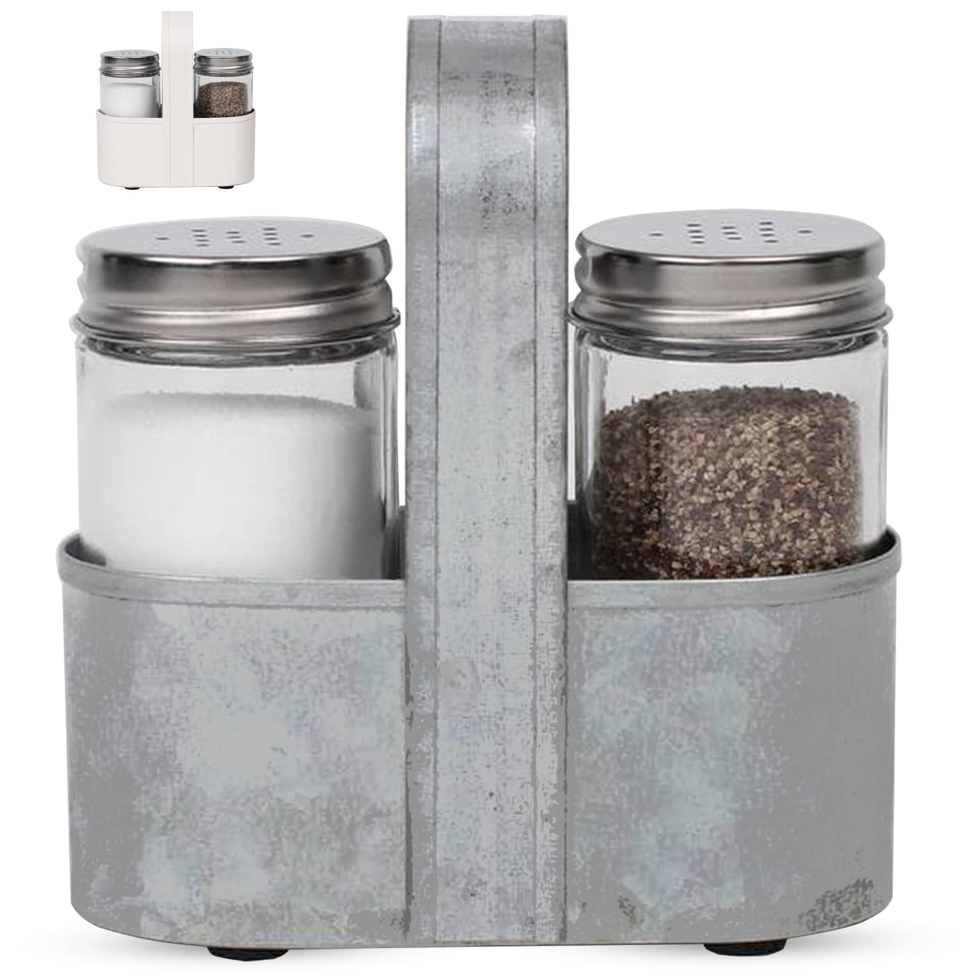 Vintage Farmhouse Salt and Pepper Shakers Set with Metal Caddy - Easy to Clean & Refill Glass Shakers with Padded Feet (½ Cup Capacity) - Perfect for Kitchen, Dining Table, and Farmhouse Decor