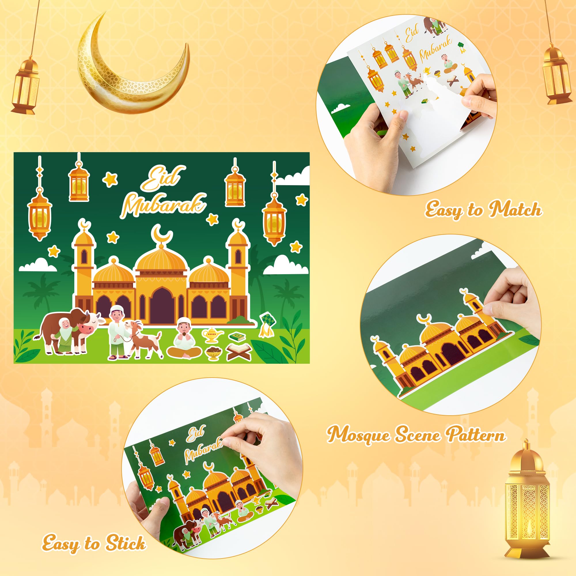 COcnny 48pcs Eid Mubarak Craft Kit - DIY Mosque Scene Stickers for Kids, Ramadan Kareem Decal, Islamic Religious Art Ornaments for Eid Al-Fitr Party, School Projects, Classroom Decor & Family Celebrations