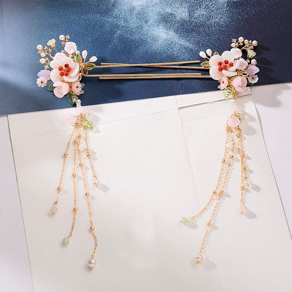 Vintage Chinese Hair Sticks - 1 Pair Floral Hanfu Hair Clips with Long Tassels, Classical Hair Pins for Women | Perfect for Cosplay, Traditional Weddings & Chinese Festival Hairstyles