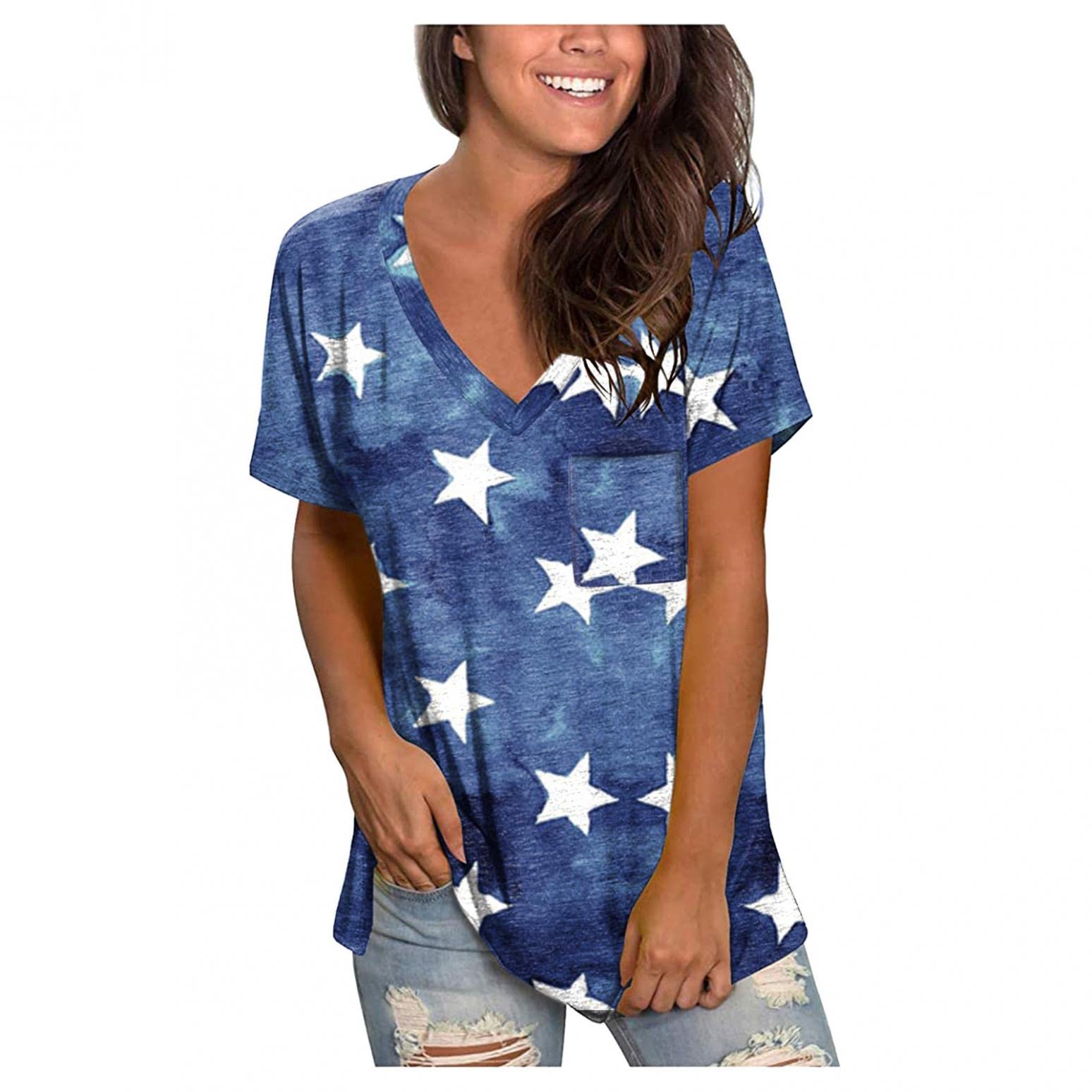 Women's American Flag Graphic T-Shirt - Short Sleeve V-Neck Tunic Top for Casual Wear, Perfect with Leggings | Patriotic Summer Outfit, 4th of July Celebration, Weekend Comfort