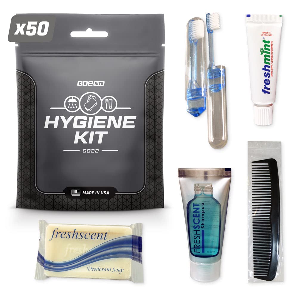 50-Pack Travel Toiletry Kit with Reusable Toothbrush & Bath Soap - Essential Hygiene Kit for Business Travel, Vacation & Charity Donations - Perfect for Hotels, Airports & Emergency Preparedness