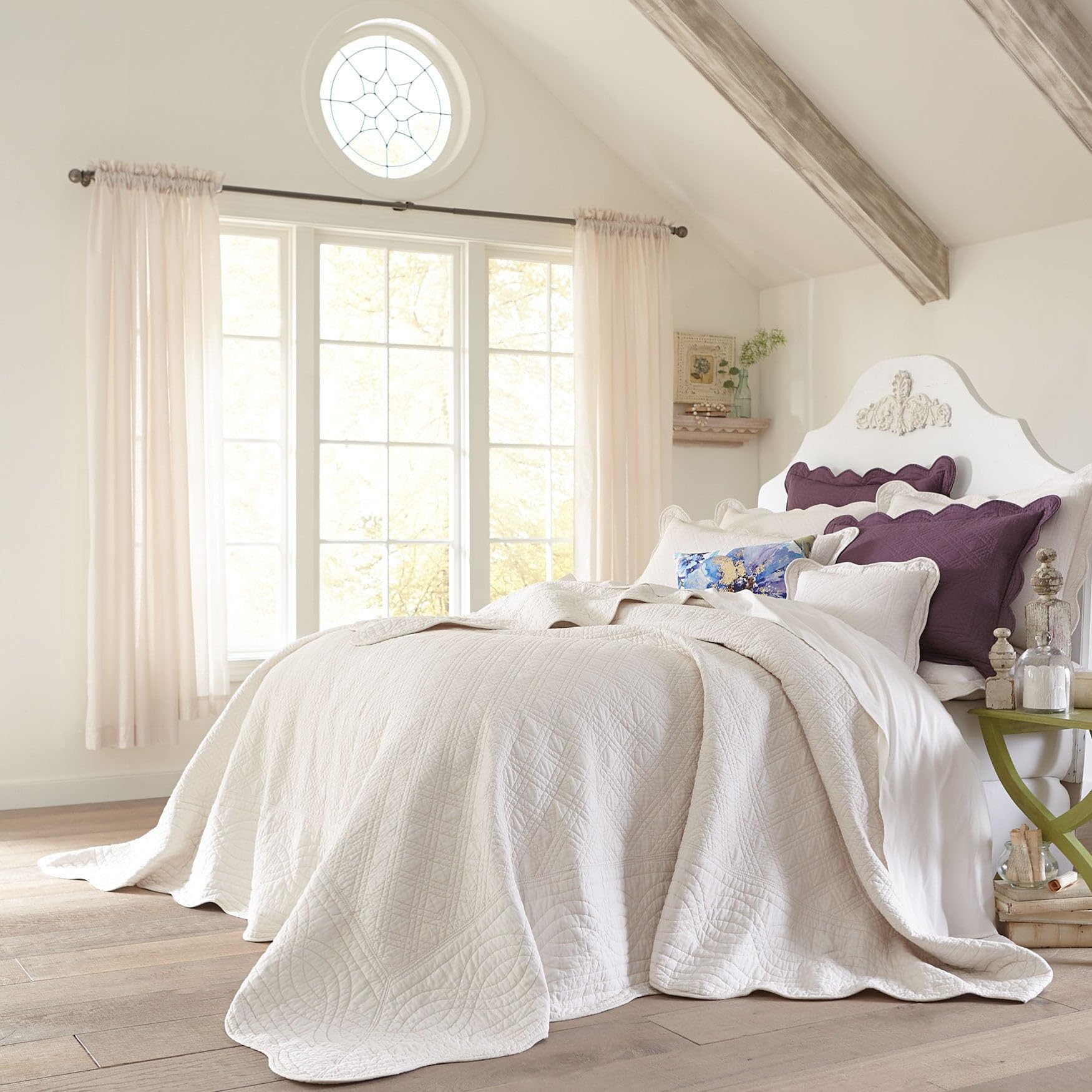 BrylaneHome Lightweight All-Season Florence Quilted Oversized 100% Cotton Ultra Soft Bedspread - Queen Size, Ecru | Perfect for Year-Round Comfort in Bedrooms & Guest Rooms