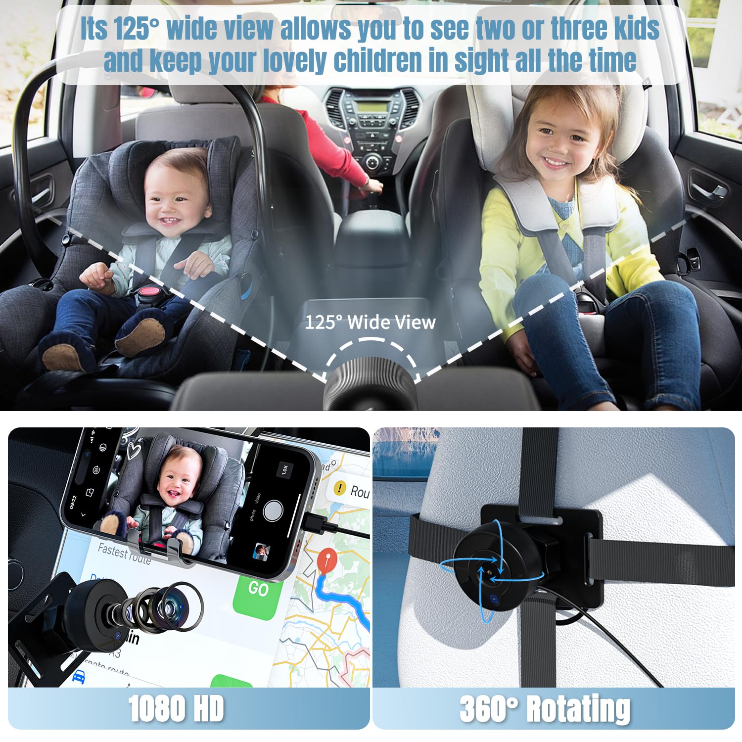 CIMELR HD 1080P Baby Car Camera with Night Vision - 360° Rotatable Rear View Mirror Monitor for iPhone - Easy Installation for Safe Driving & Baby Monitoring in Car