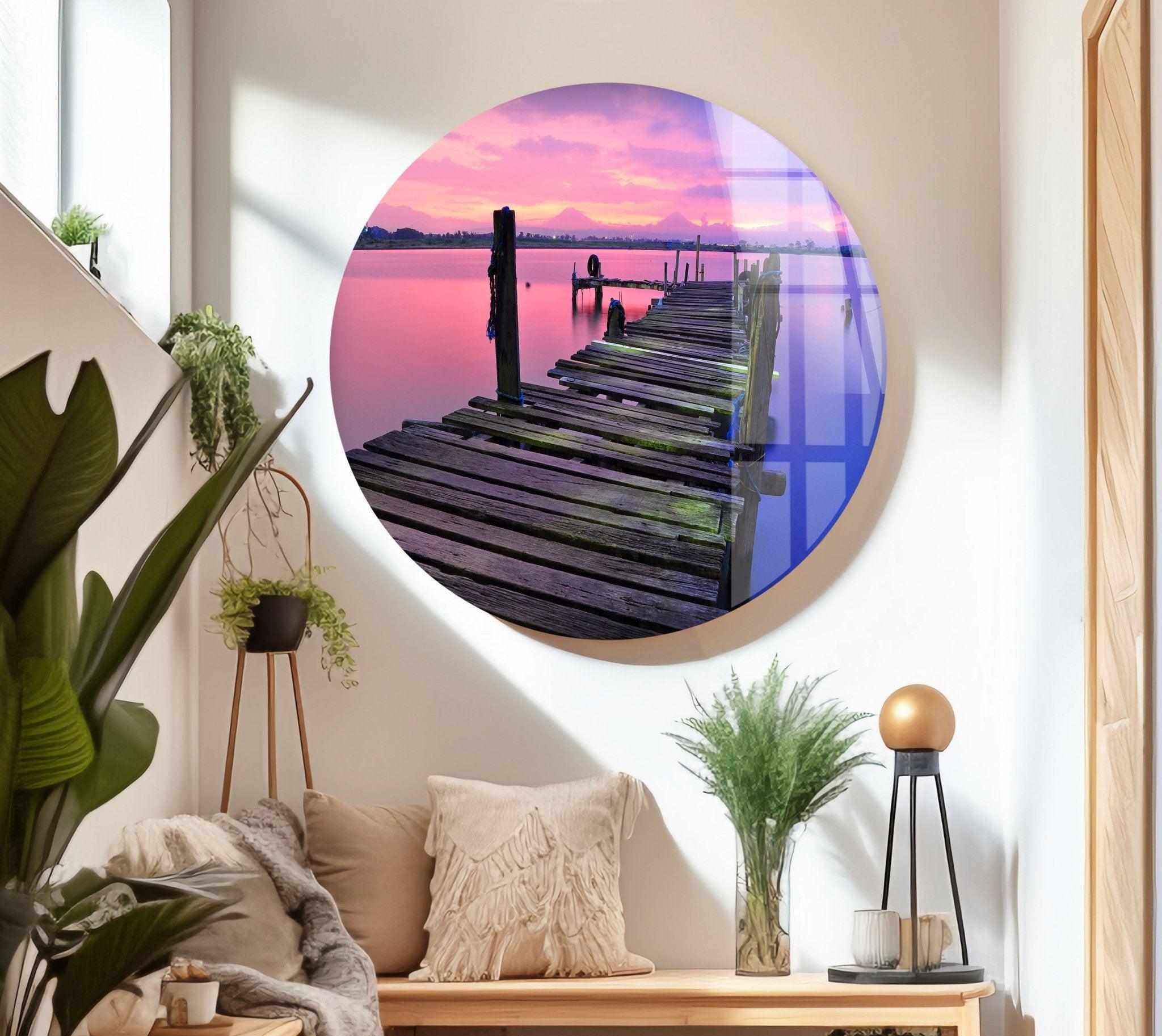 Stunning Sunrise Over Abandoned Dock - Handmade Glass Wall Art for Living Room, Bedroom & Office Decor | Coastal Landscape Artwork