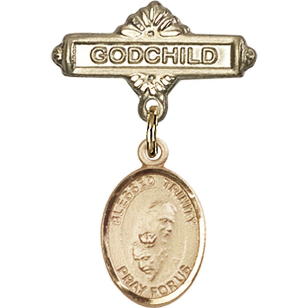 Gold Filled Baby Badge with Blessed Trinity Charm - Godchild Gift Pin 1 X 5/8 inches - Perfect for Christening, Baptism & First Communion Gifts
