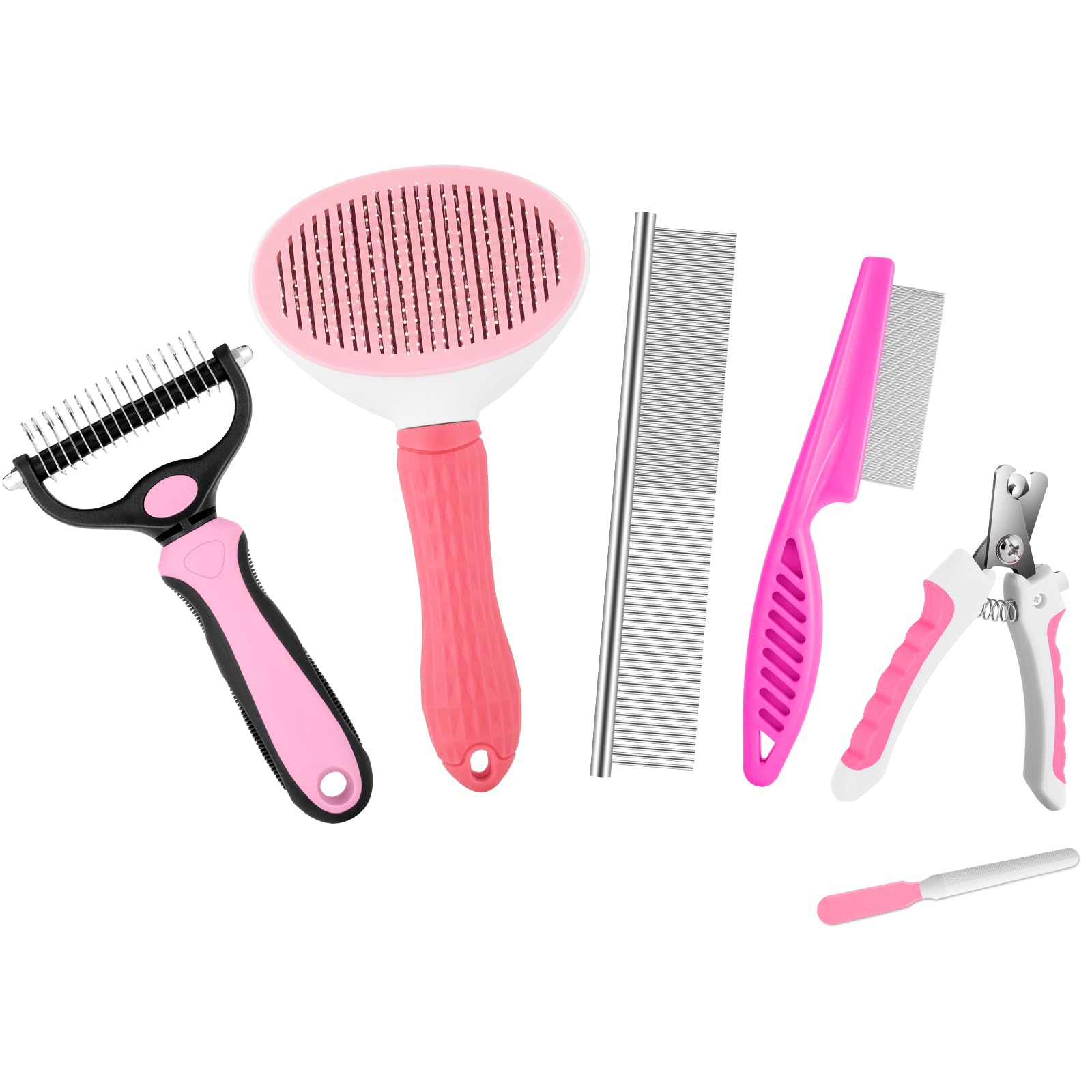 Odoland 6-in-1 Dog Grooming Kit - Slicker Brush, Undercoat Rake, Hair Removal Comb & Nail Clippers for Long Haired Dogs, Cats & Puppies | Pet Shedding Tool & Care Essentials for Home Grooming (Pink)