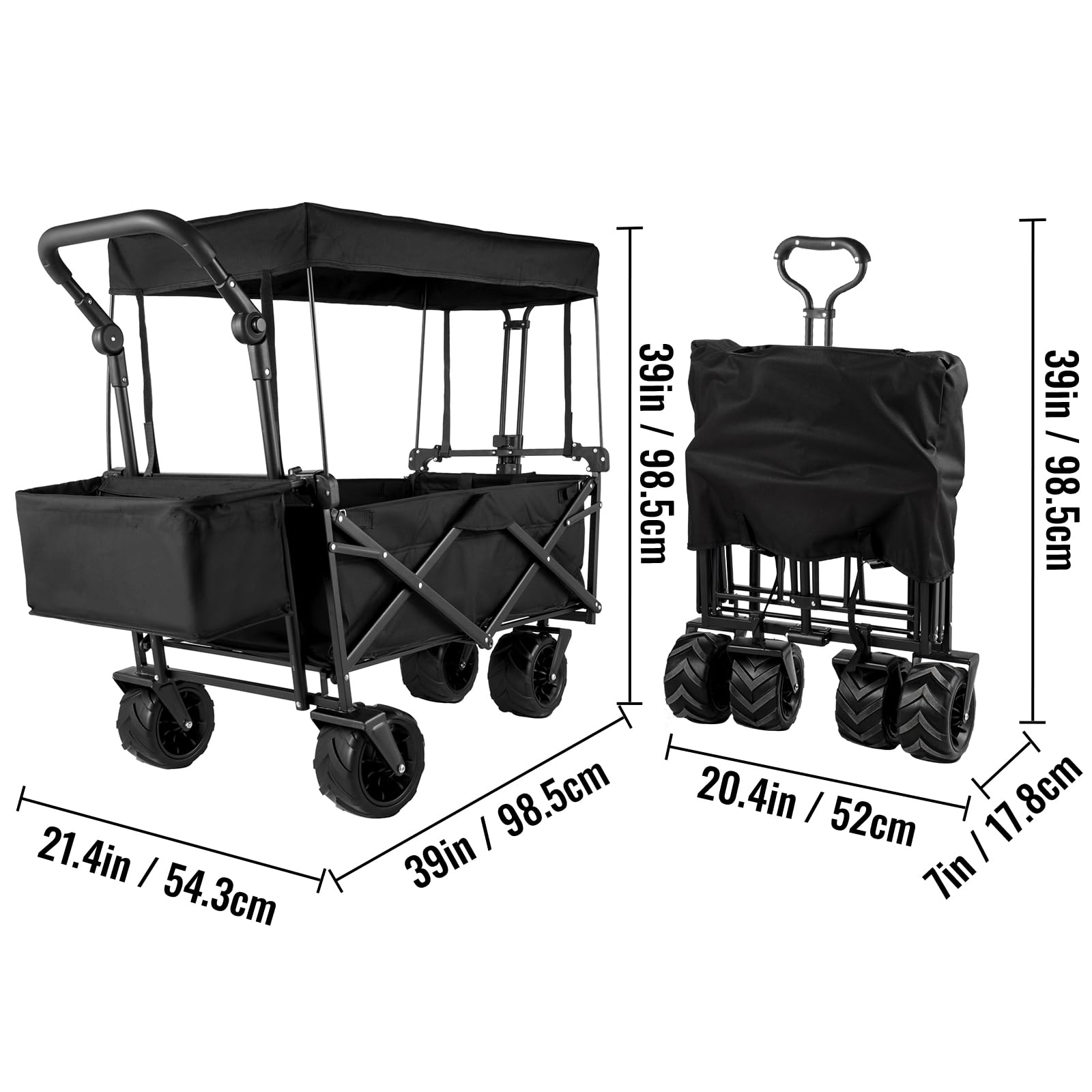 VEVOR Collapsible Wagon with Canopy - 220lbs Capacity Foldable Utility Cart with Large Wheels & Adjustable Handles - Perfect for Beach, Camping, Picnics & Outdoor Adventures