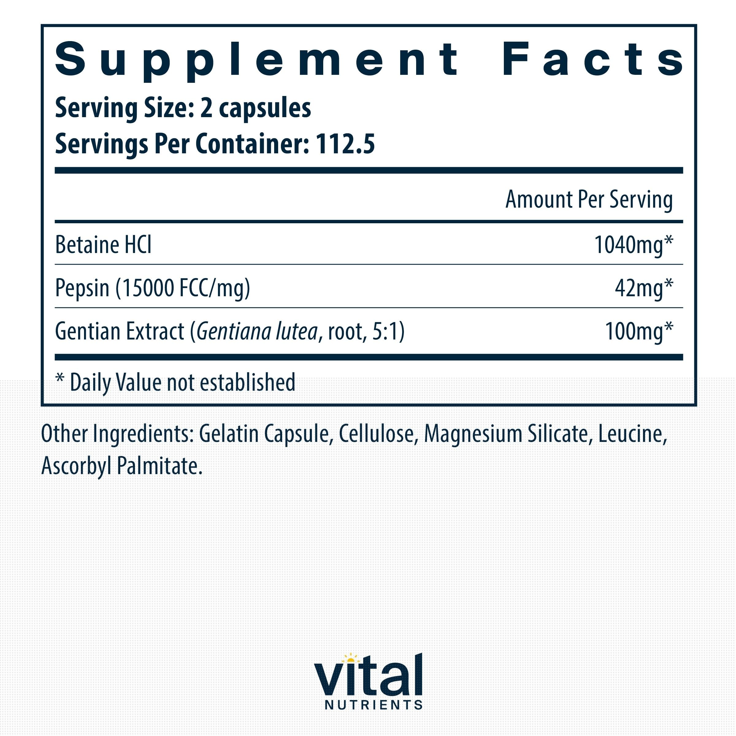 Vital Nutrients Betaine HCL Pepsin with Gentian Root Extract | Digestive Enzyme Supplement for Protein Digestion & Nutrient Absorption | Gluten-Free, Dairy-Free, Soy-Free | 225 Capsules | Supports Healthy Digestion After Meals & Occasional Indigestion Relief