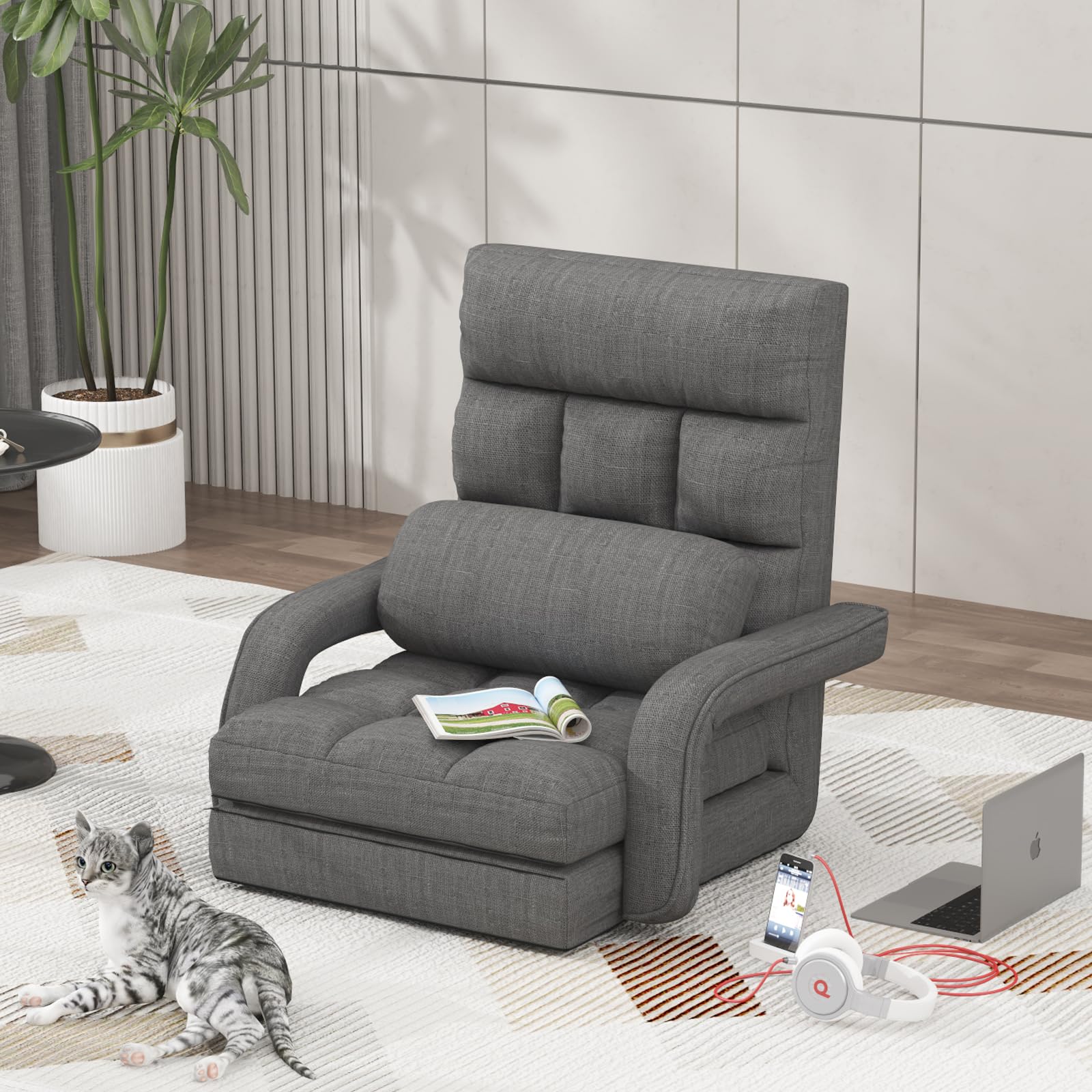 DHMAKER Adjustable Folding Floor Chair - Ergonomic Back Support Gaming Chair, 6-Position Recliner, Breathable Fabric Chaise Lounge for Living Room, Bedroom & Office - Perfect for Relaxing, Gaming & Napping